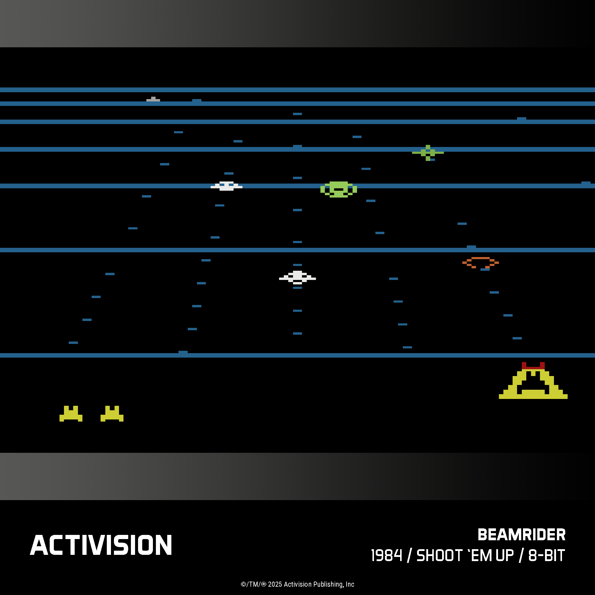 Pixel-Grafik-Spiel mit blauen Linien, fliegenden Objekten und einem gelben Fahrzeug.