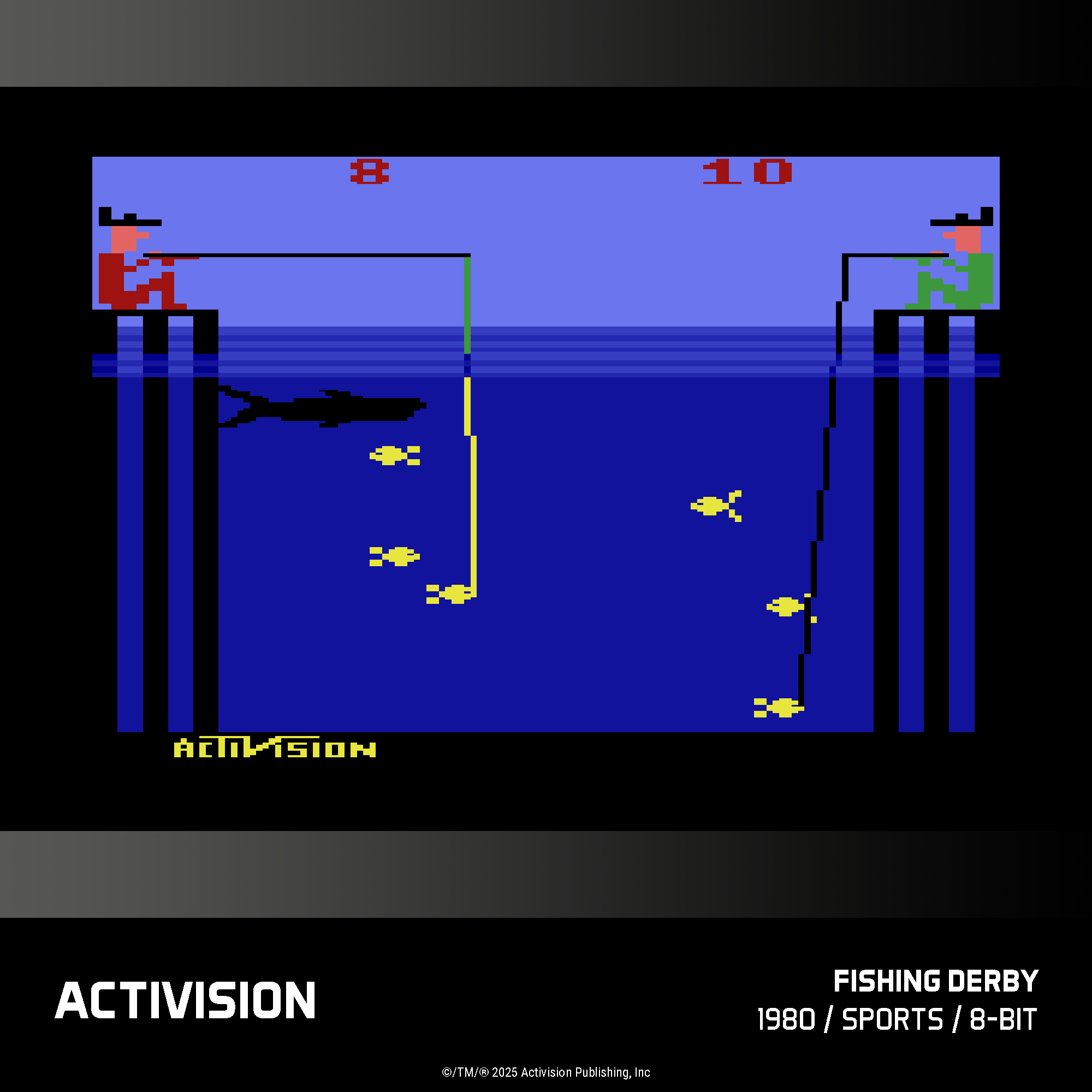 Pixelgrafik eines Fischers auf einem Steg, der angelt. Ein Hai schwimmt im blauen Wasser.
