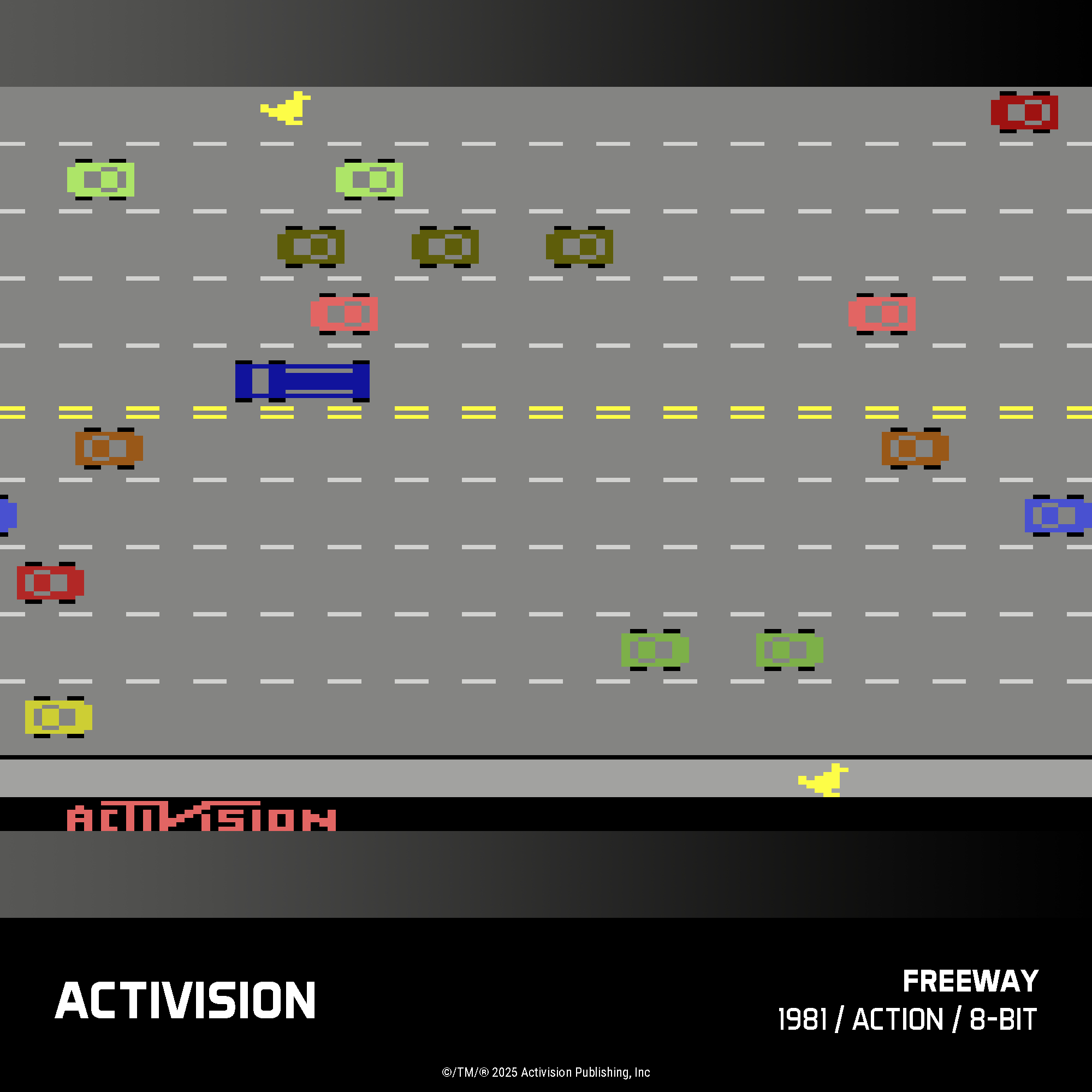 Pixel-Autobahn mit bunten Autos und gelben Küken. Activision-Logo unten.