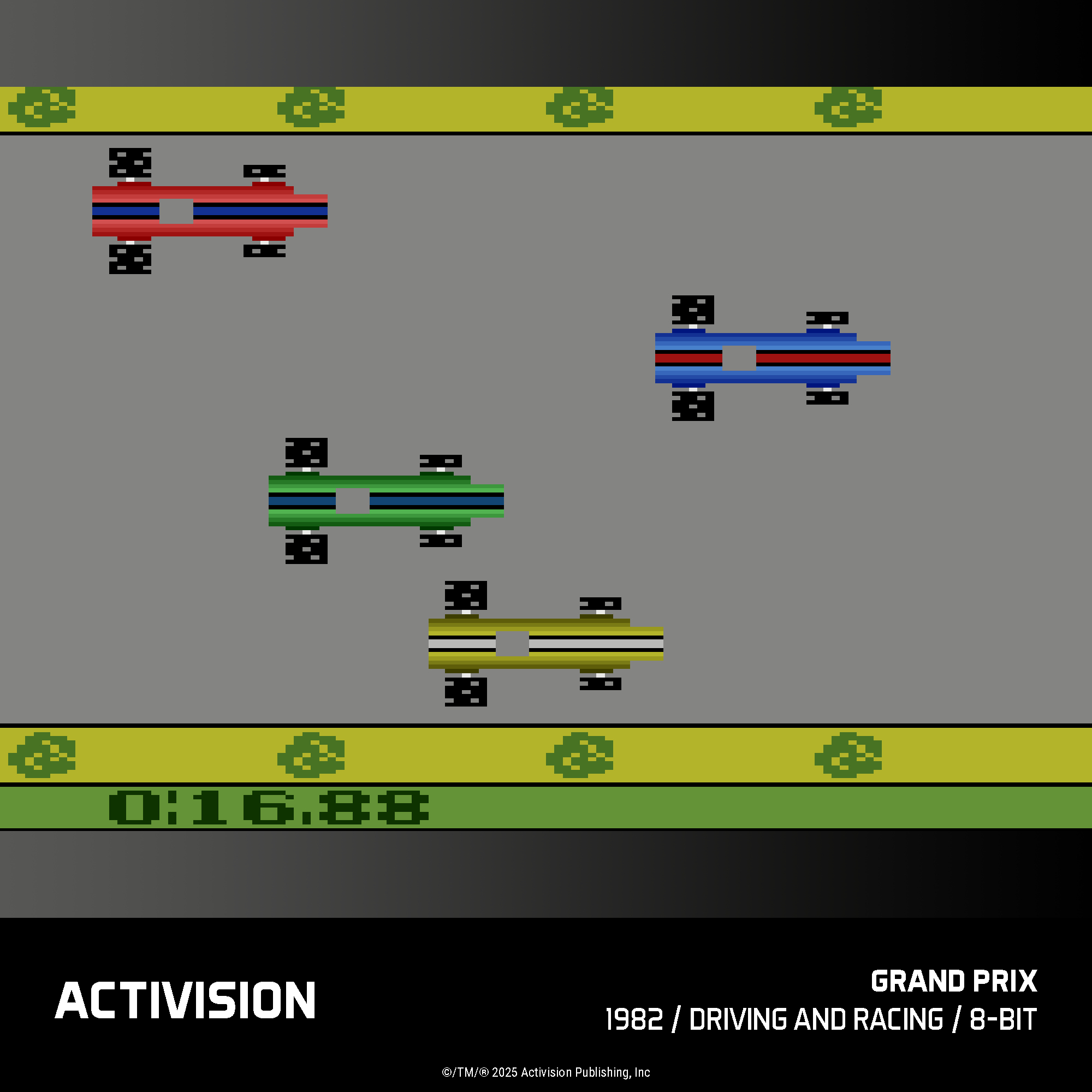 Vier 8-Bit-Rennwagen auf einer grauen Strecke mit gelben Randleisten.