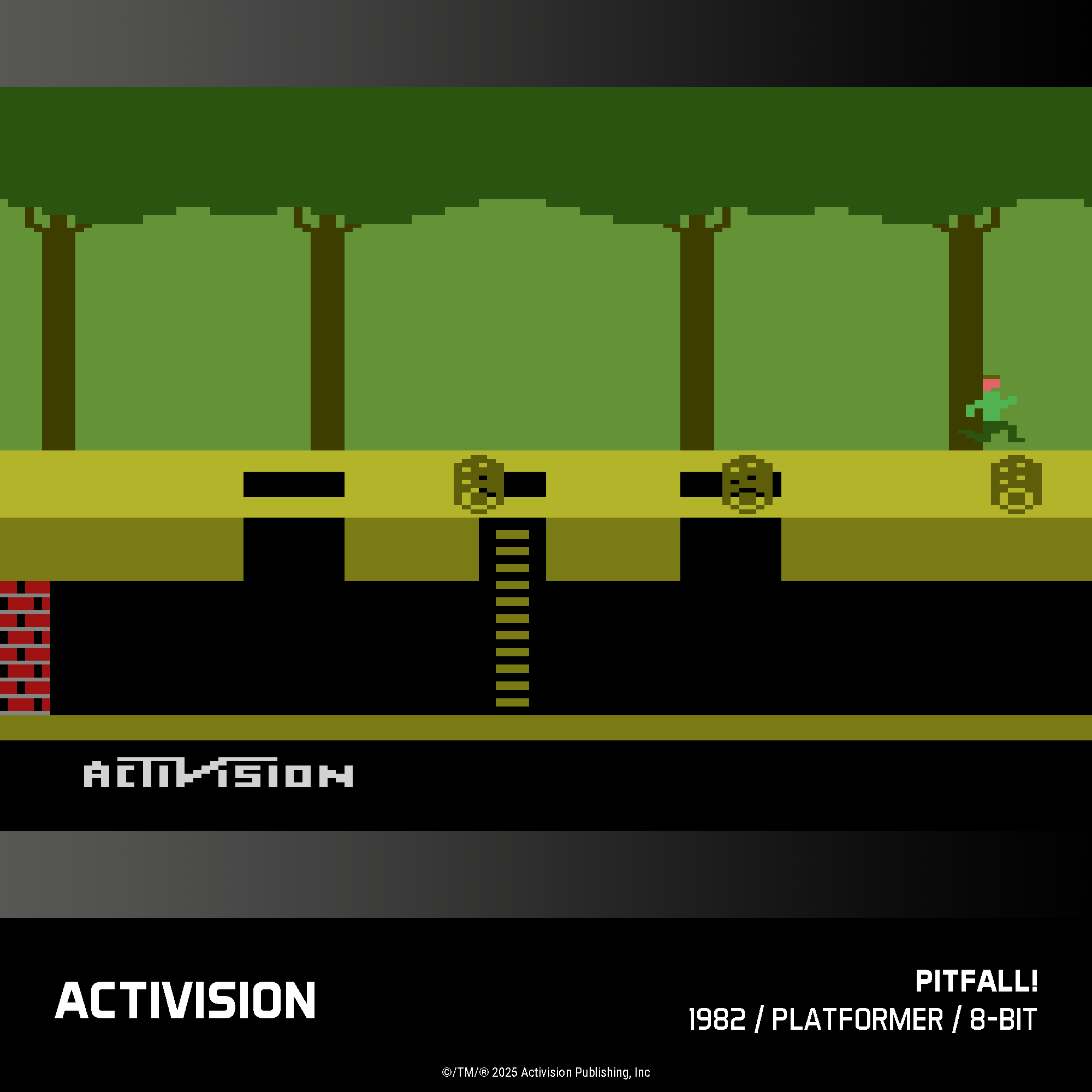 Pixel-Art-Spielszene: Läufer auf gelber Plattform über Gruben, Bäume im Hintergrund.
