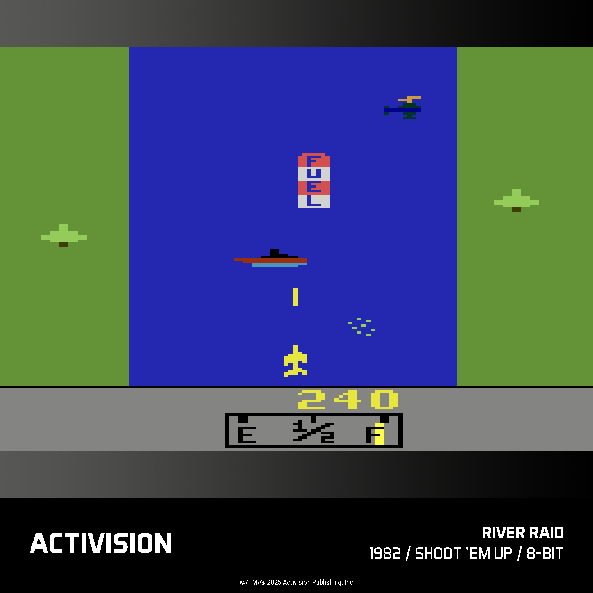8-Bit-Spiel: Flugzeug fliegt über Wasser, Bäume und ein Kraftwerk.