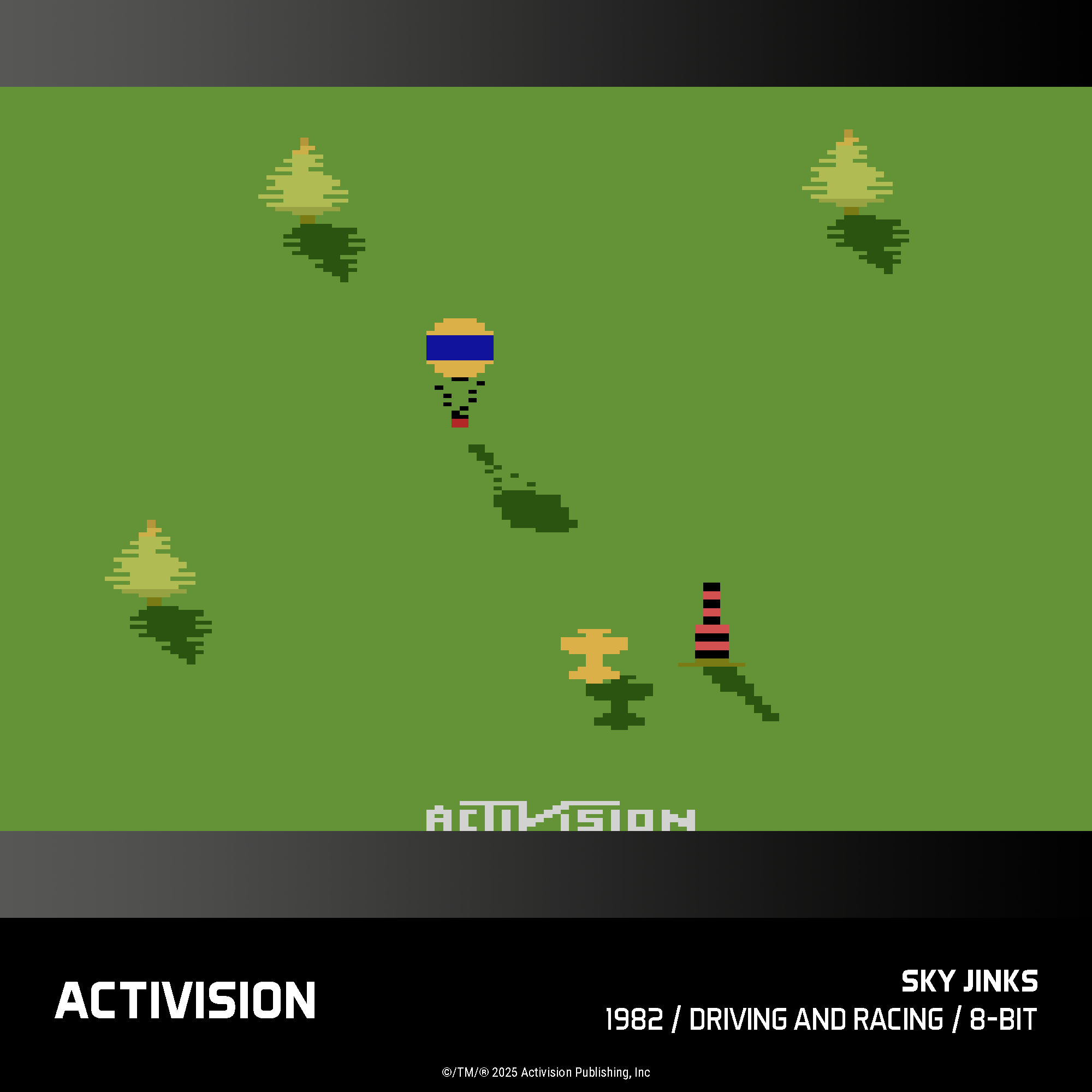 Pixelgrafik eines Rennspiels mit Ballon, Bäumen und einem Turm.