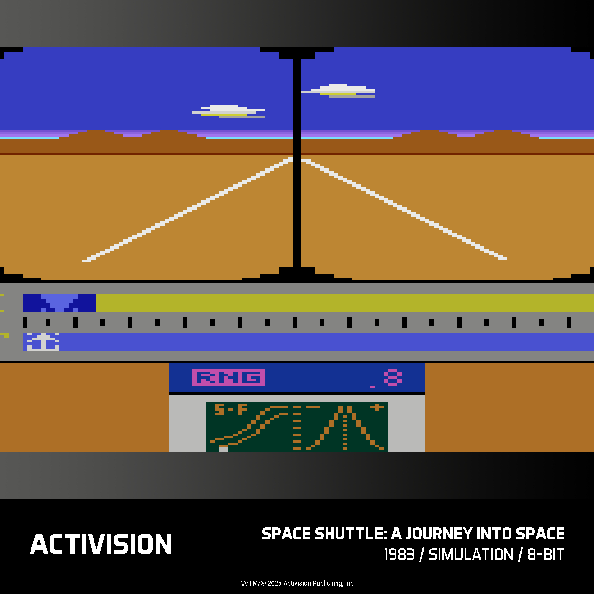 Pixelgrafik eines Videospiels: Wüste, Himmel, Wolken, Straße, Shuttle-Cockpit mit Anzeigen.