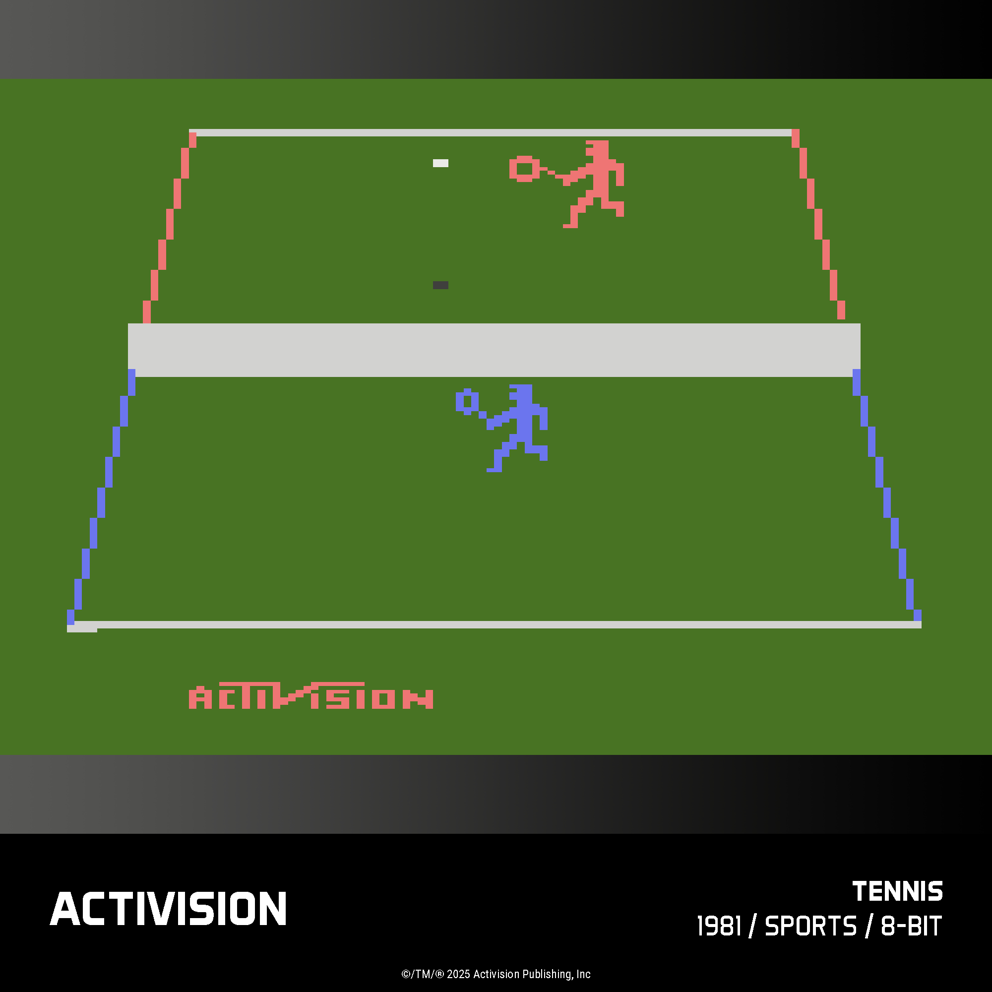 Ein 8-Bit-Tennisspiel mit roten und blauen Spielfiguren auf einem grünen Feld.
