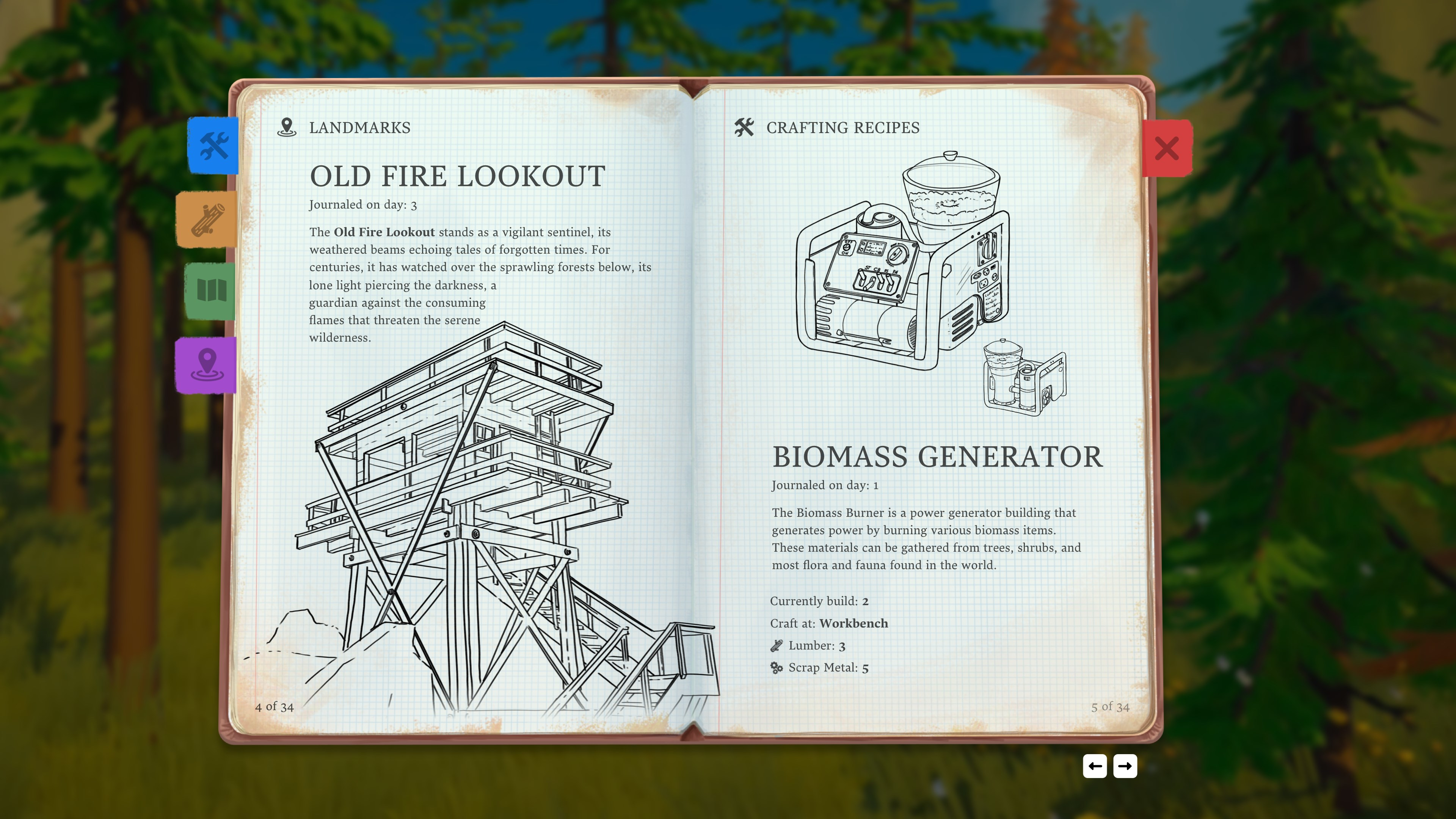 Un libro mostra schizzi di una vecchia torre di avvistamento e un generatore di biomassa.