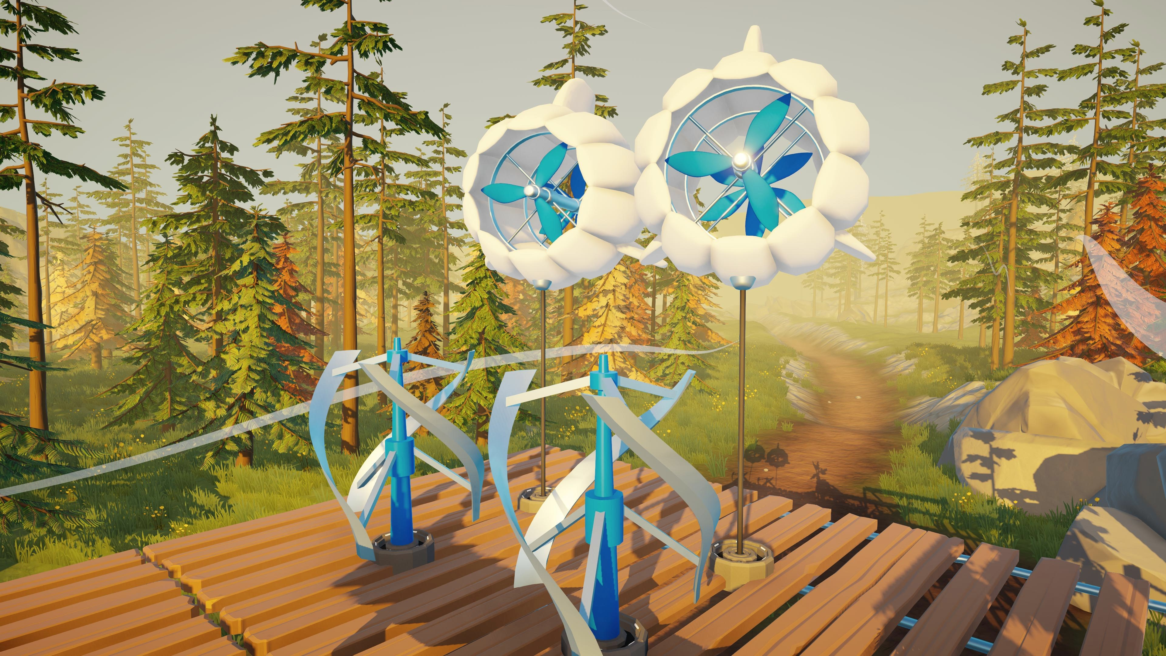 Due turbine eoliche futuristiche su una piattaforma di legno in una foresta.