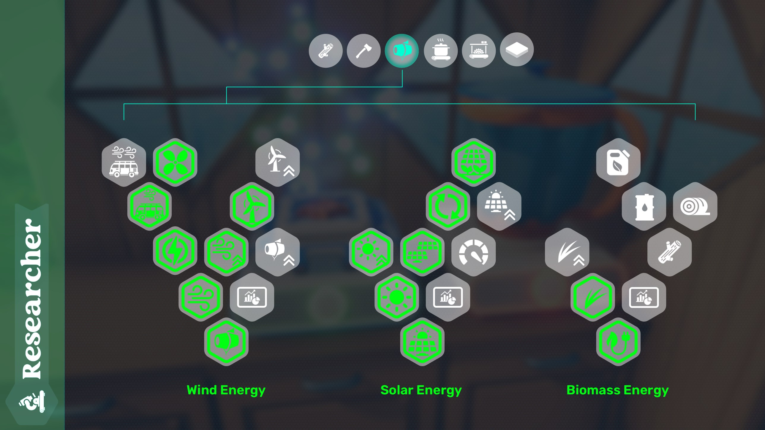 Infografica mostra fonti energetiche: eolico, solare, biomassa con icone.
