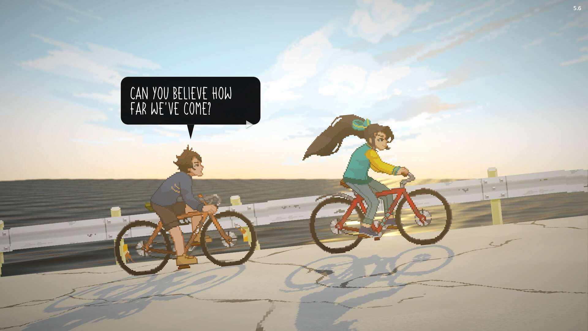 Zwei Kinder fahren Fahrrad am Meer. Einer fragt: „Glaubst du, wie weit wir gekommen sind?“
