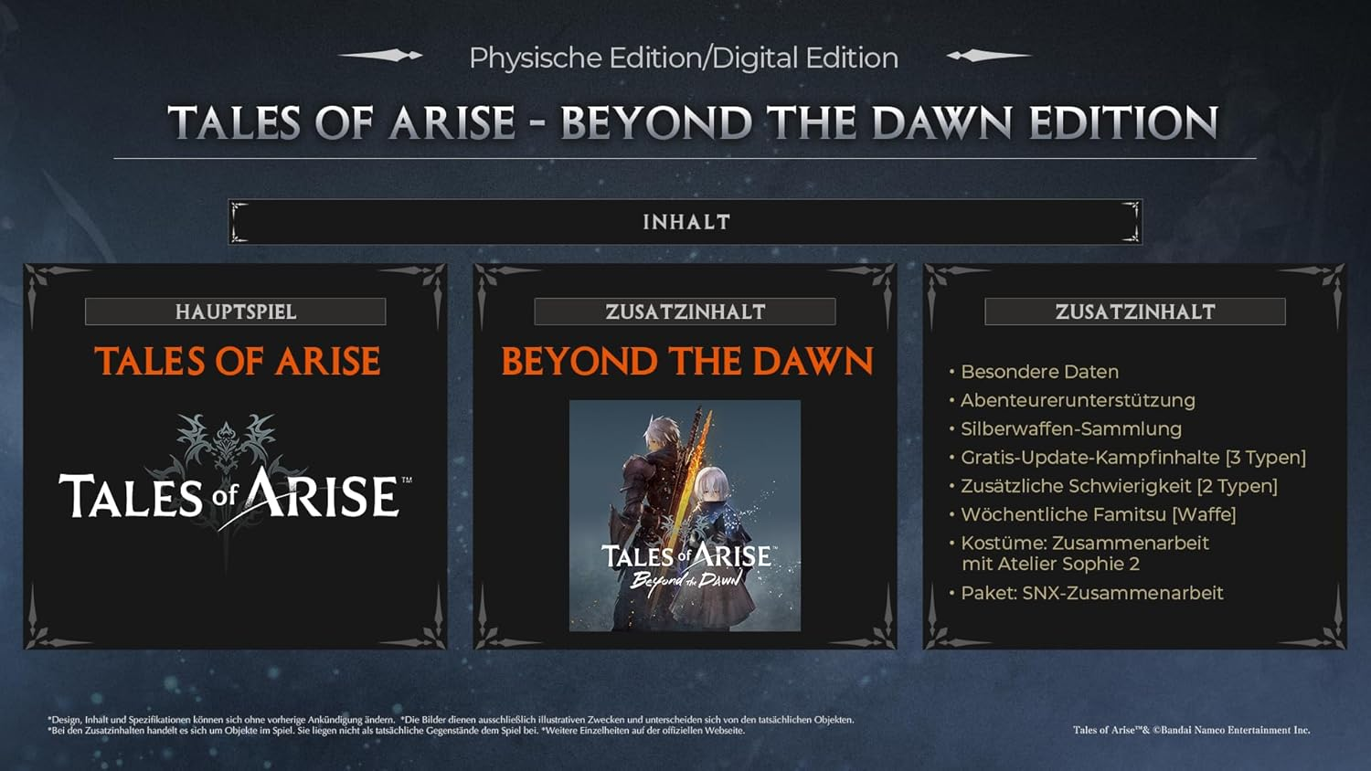 Menu di gioco per Tales of Arise - Beyond the Dawn Edition, con gioco principale e DLC.