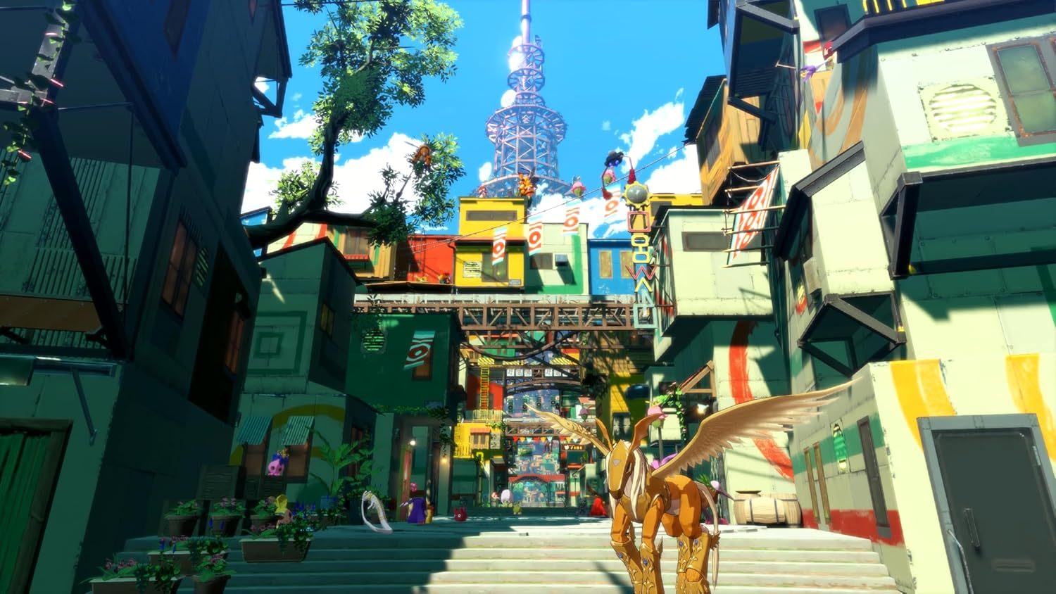 Une créature dorée ailée se dresse sur des marches dans une ville futuriste et colorée avec une haute tour.