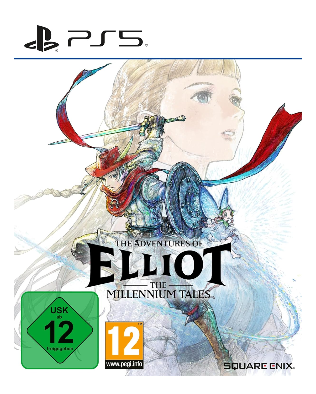 PS5-Spielcover mit Elliot, der ein Schwert und Schild hält. USK 12.