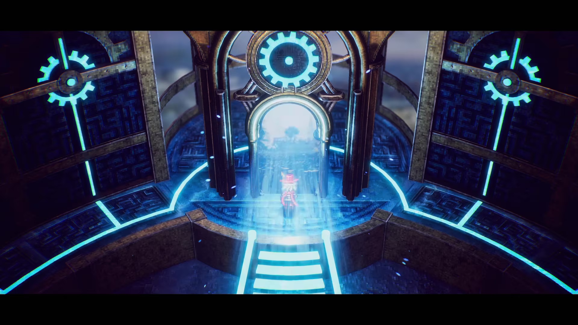 Eine Figur in Rot steht vor einem leuchtenden Portal in einem futuristischen Raum.
