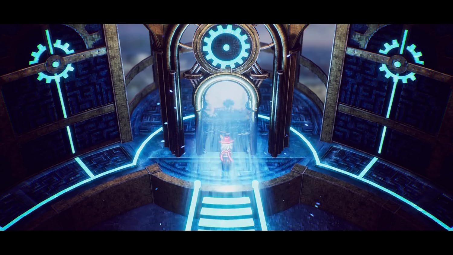 Un personnage solitaire se tient devant un portail lumineux dans un hall futuriste.
