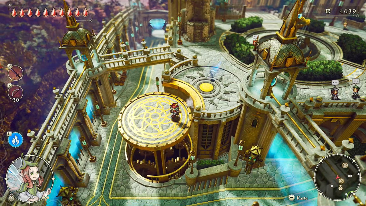 Une cité fantastique avec des structures dorées, des personnages et des éléments d'interface.