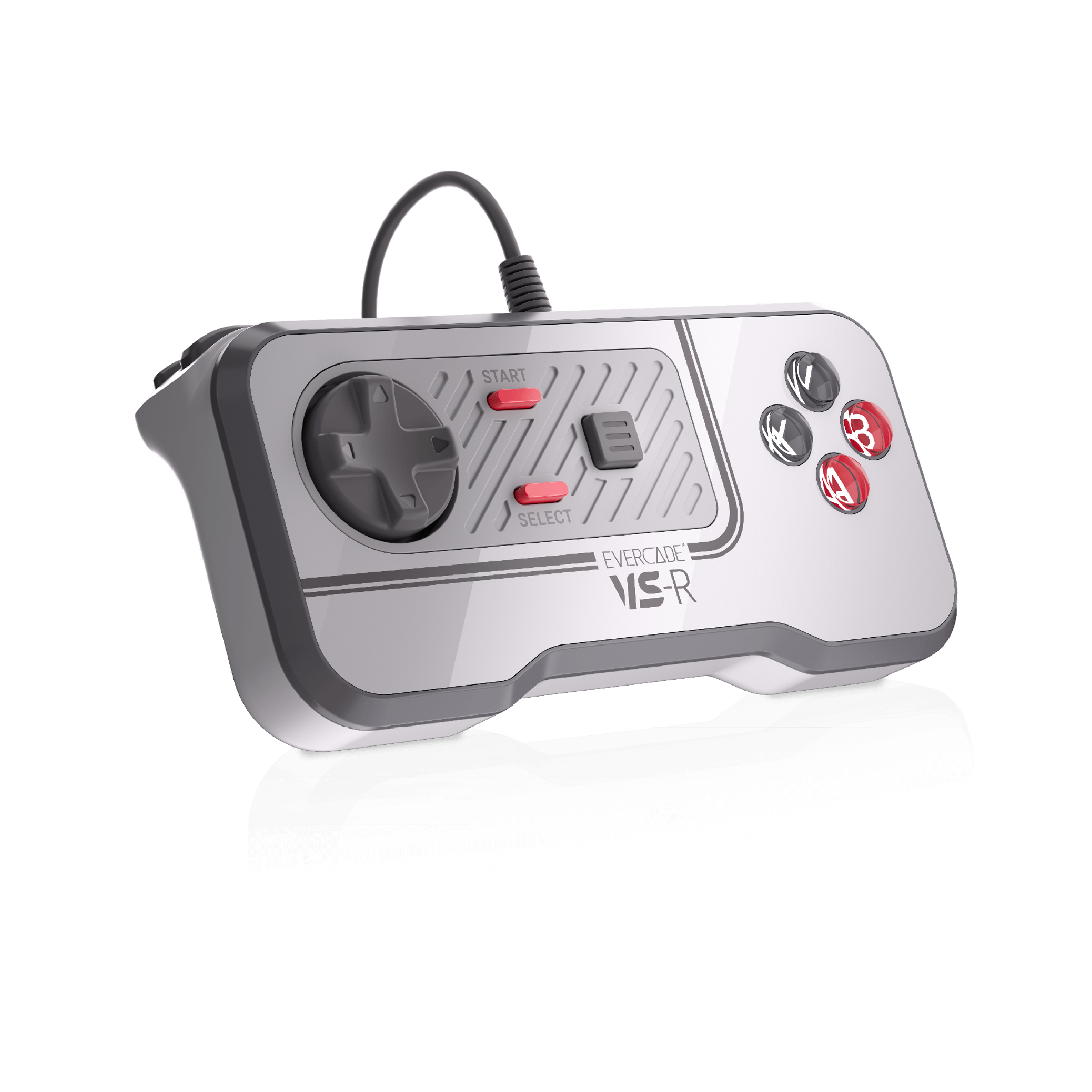 Ein grauer und weißer Evercade VS-R Controller mit einem schwarzen Kabel, auf weißem Hintergrund.