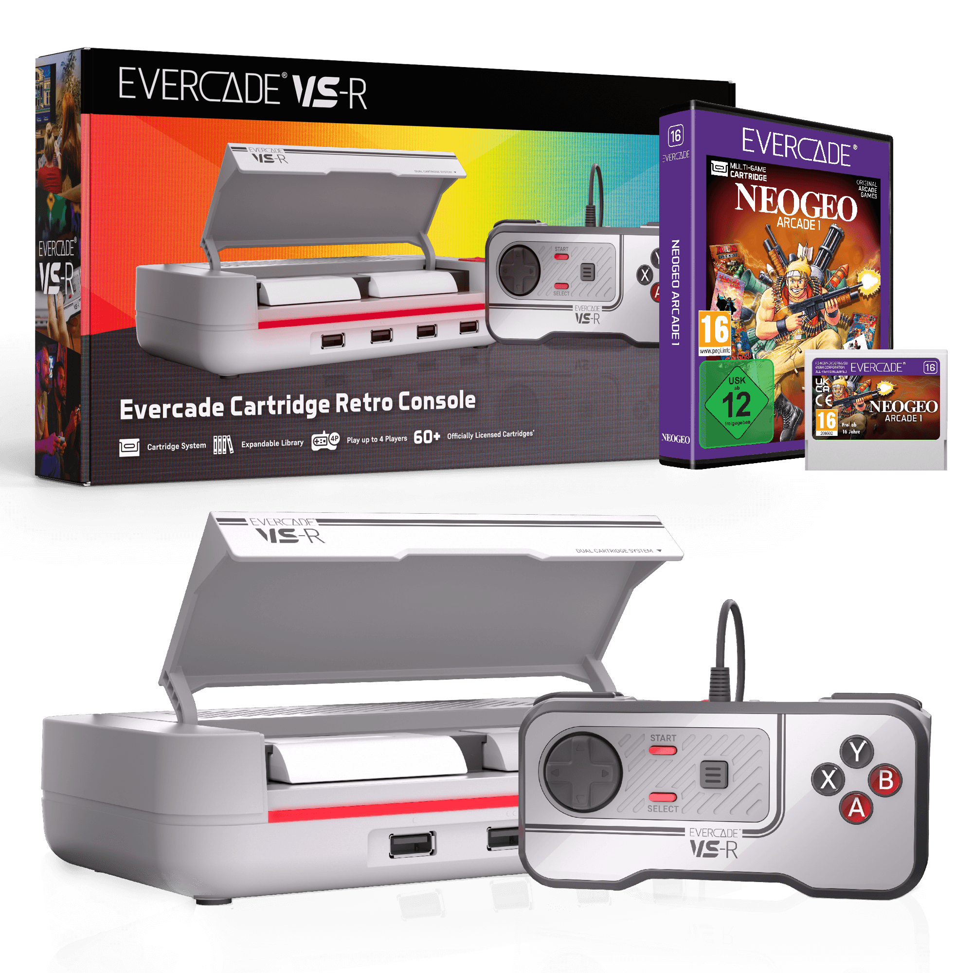 Evercade VS-R Retro-Konsole mit Controller und NEOGEO ARCADE 1 Spielverpackung.