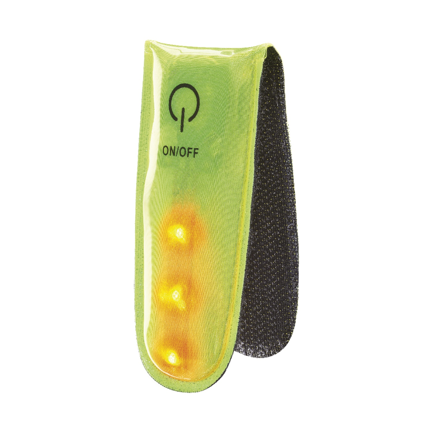 Luce verde a scatto con simbolo di accensione e testo "ON/OFF", illuminata.