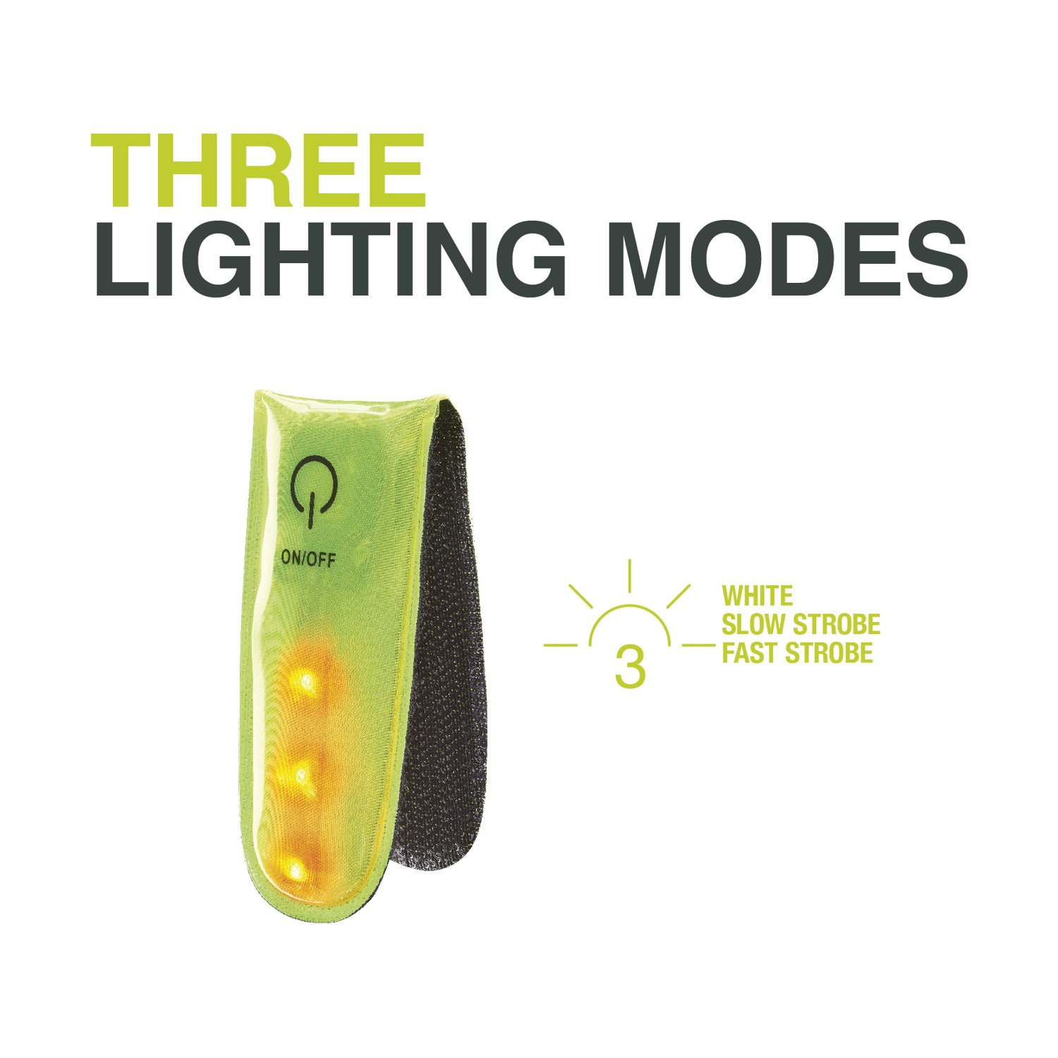 Una fascia riflettente verde con tre luci, che mostra tre modalità di illuminazione.
