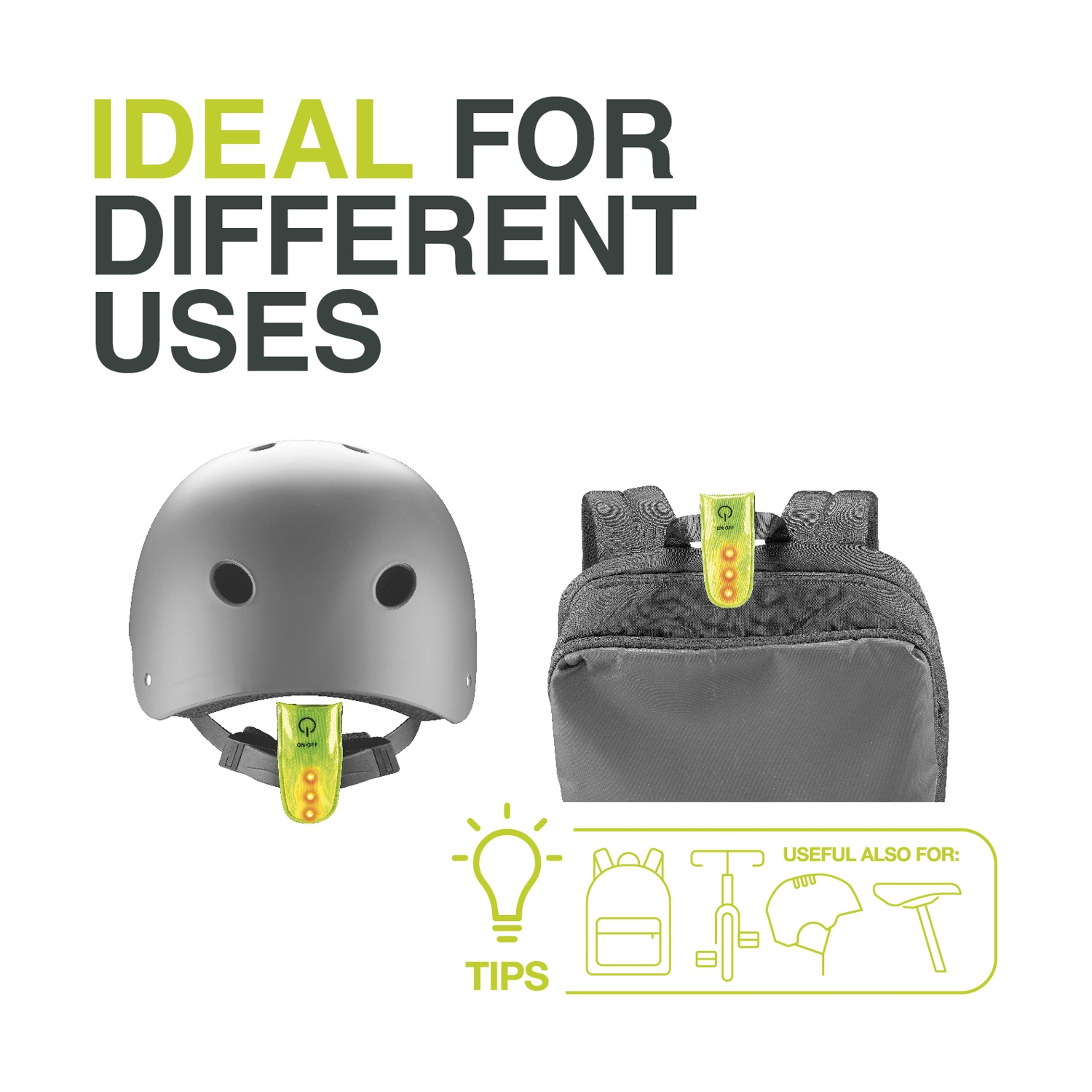 Un casco grigio e uno zaino con luci gialle. Ideale per diversi usi.