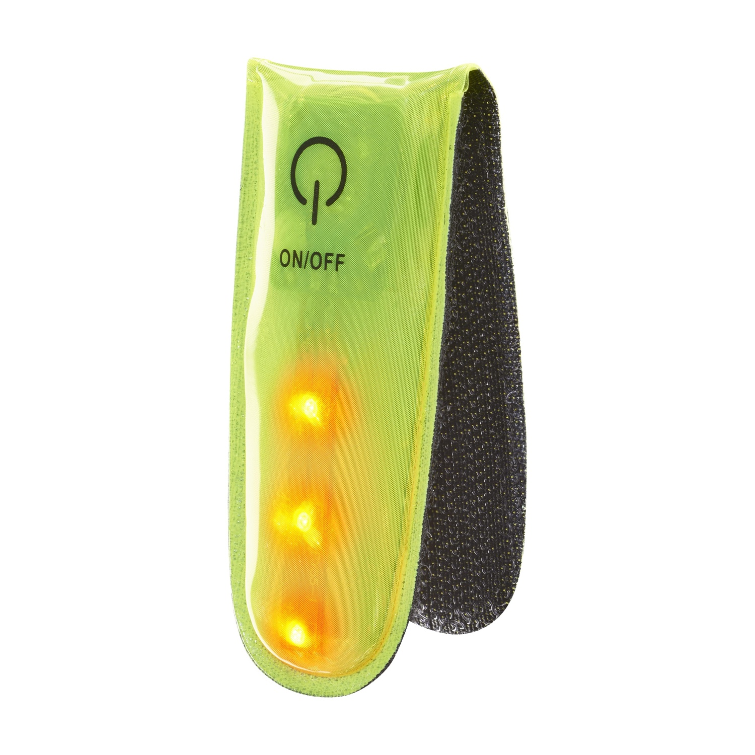 Fascia di sicurezza verde lime con tre LED e simbolo di accensione.