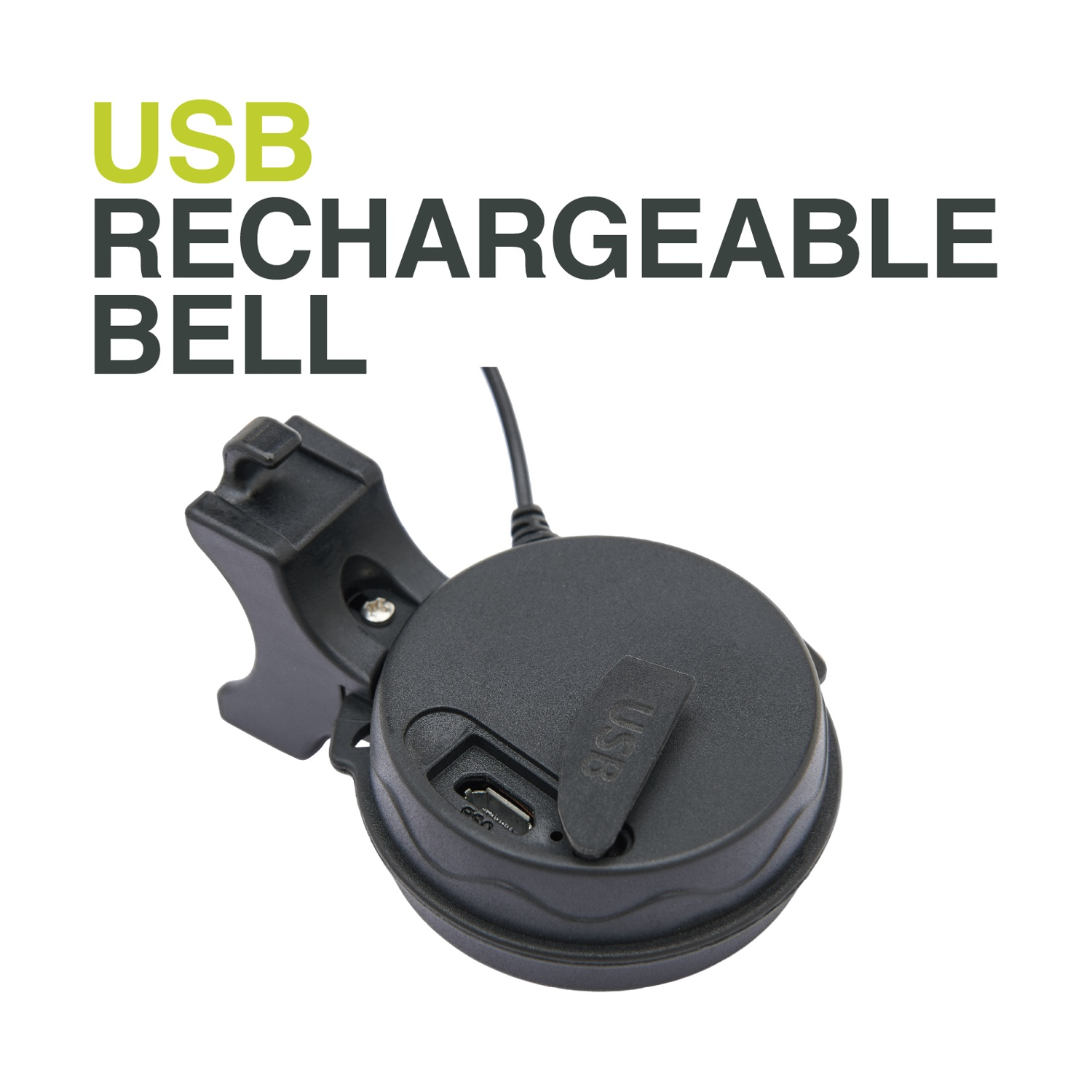 Campanello da bicicletta ricaricabile USB nero con supporto e porta di ricarica.