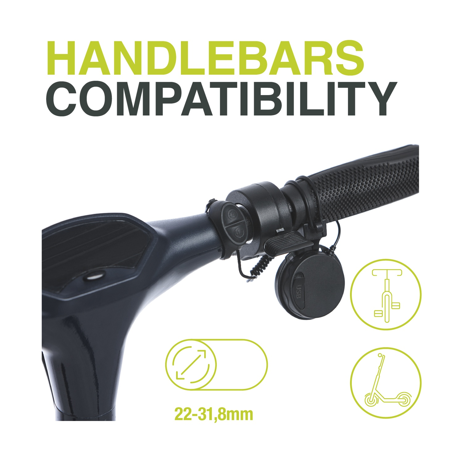 Compatibilità manubrio con misura 22-31,8 mm e icone bici e monopattino.