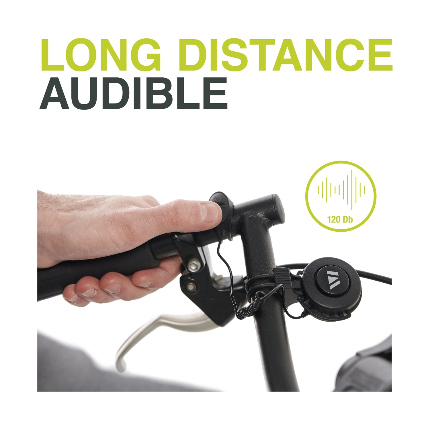 Una mano impugna un manubrio di bicicletta con un campanello. Testo: Long Distance Audible.