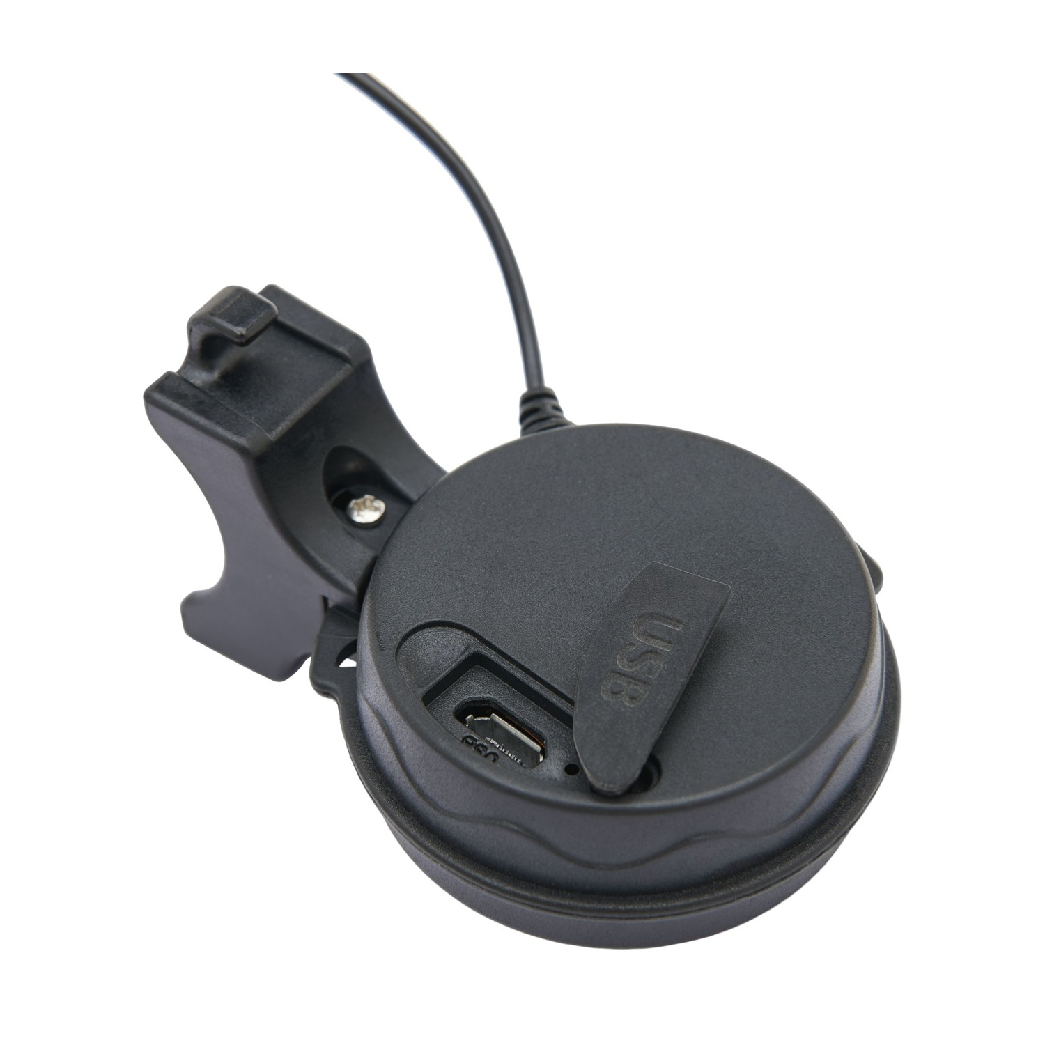 Dispositivo rotondo nero con porta USB e clip. Sfondo bianco.