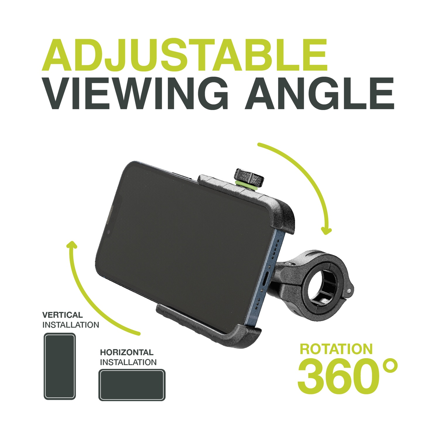 Supporto telefono con angolo di visione regolabile e rotazione 360 per installazione verticale/orizzontale.