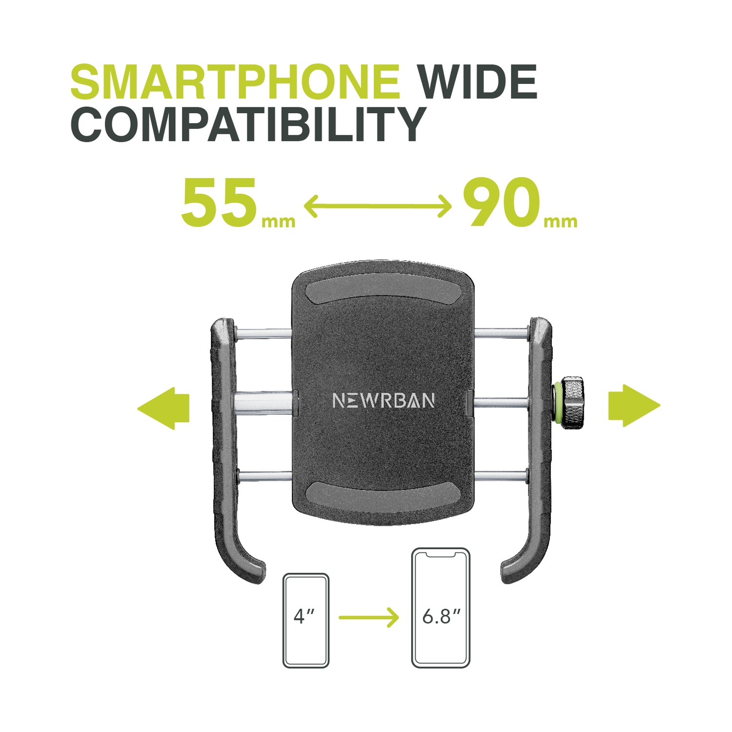 Supporto nero per smartphone, larghezza 55-90mm, per dispositivi da 4-6.8 pollici.