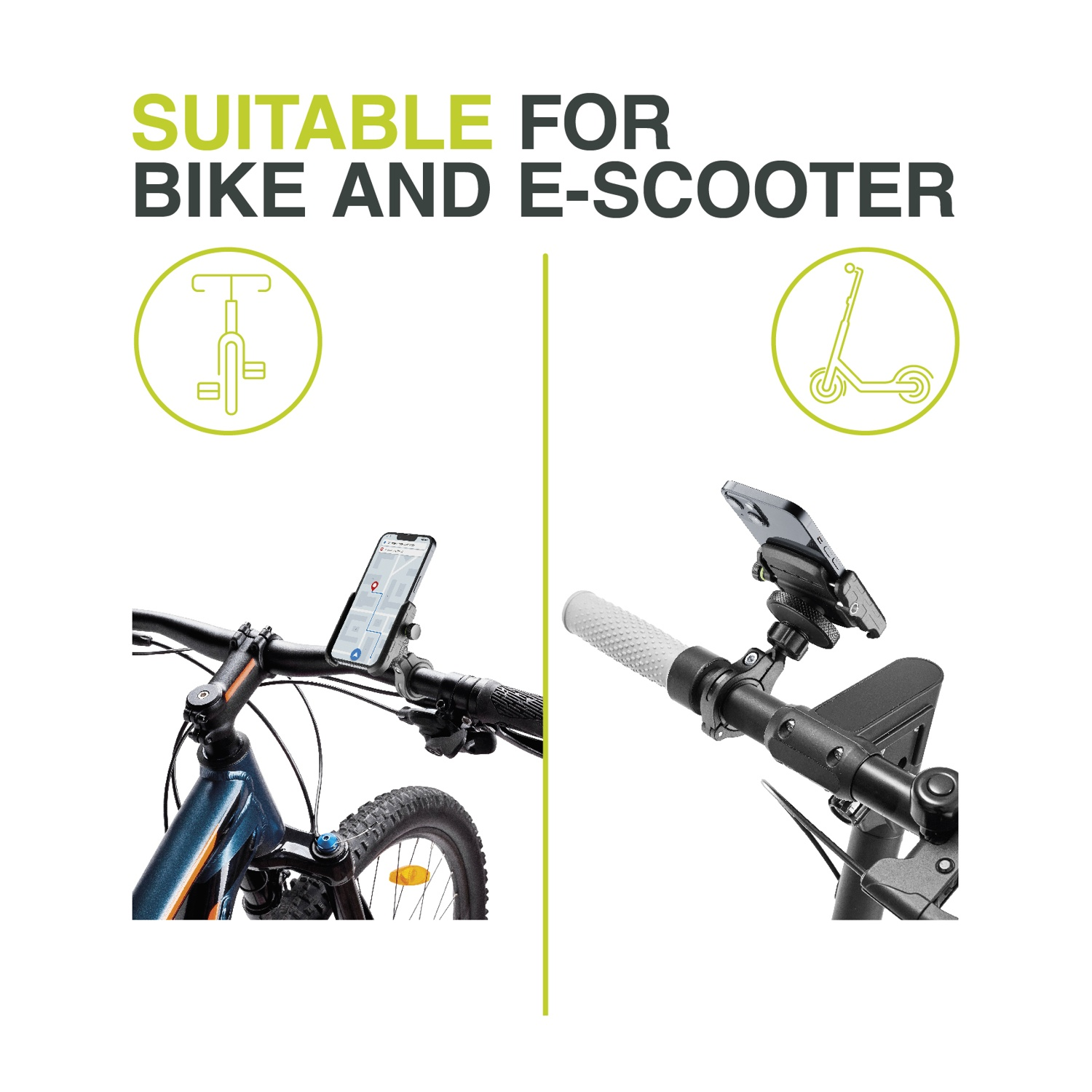 Manubri di bici e monopattino con supporto telefono. Testo: Adatto per bici e monopattino.