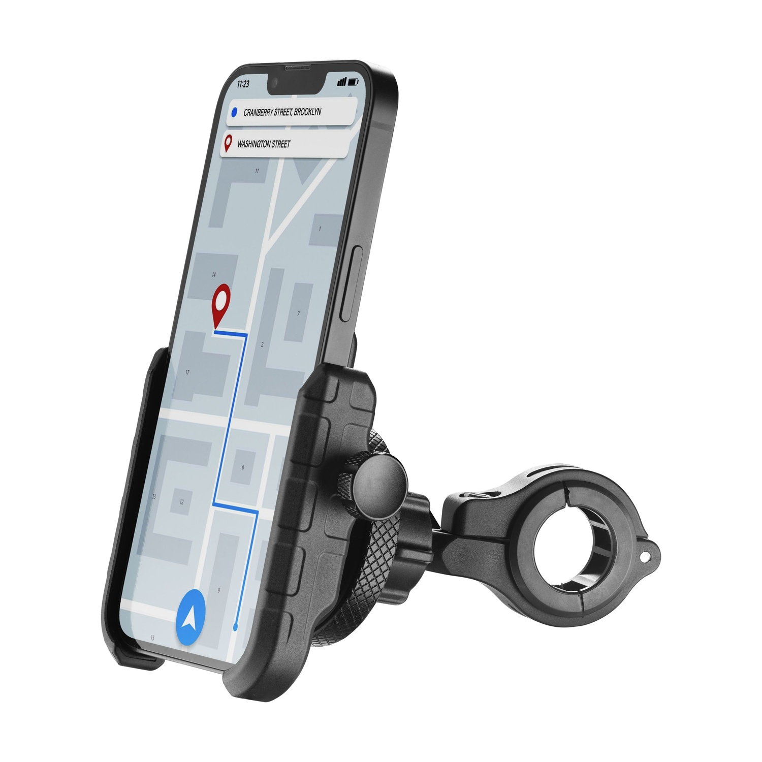 Supporto nero per telefono con app di navigazione sullo schermo, su sfondo bianco.