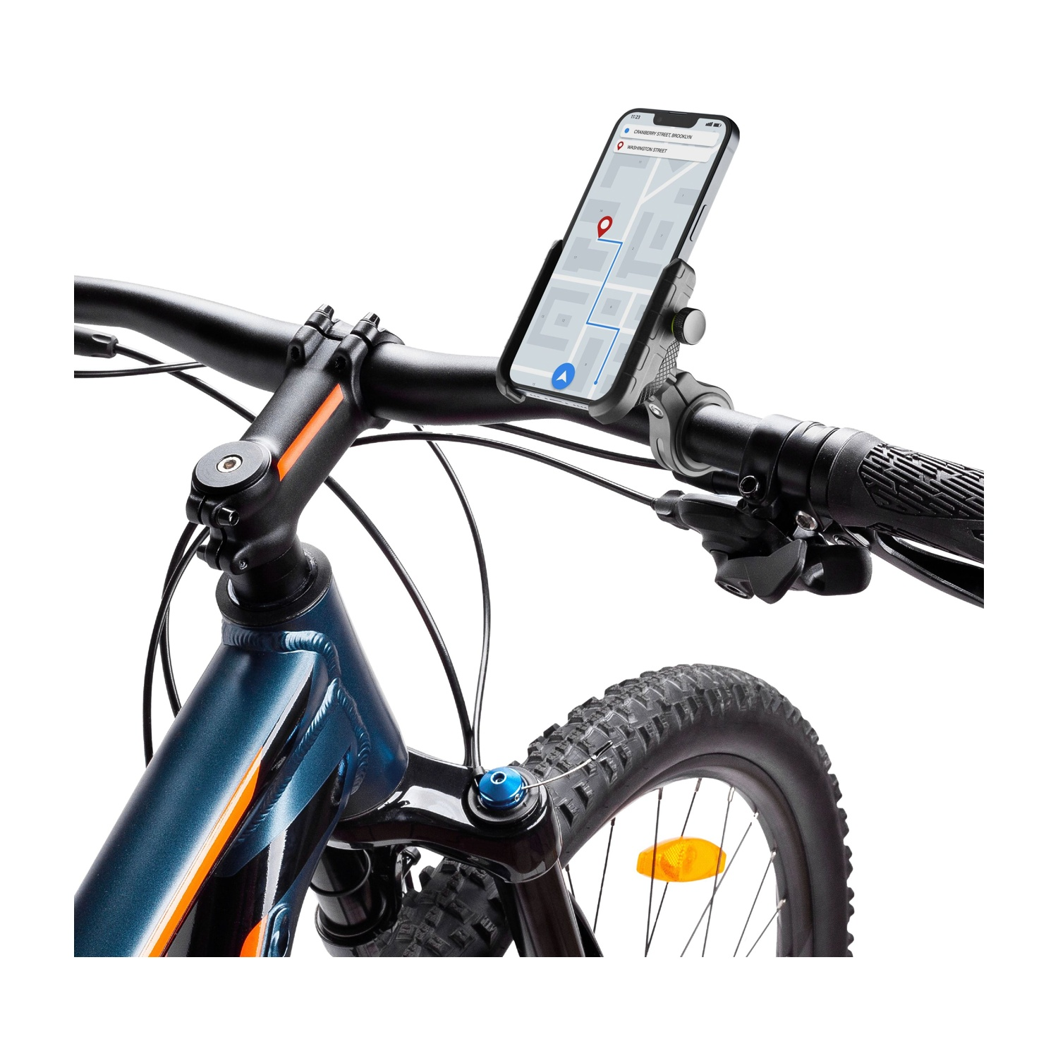 Manubrio bici con supporto telefono, app navigazione sullo schermo.