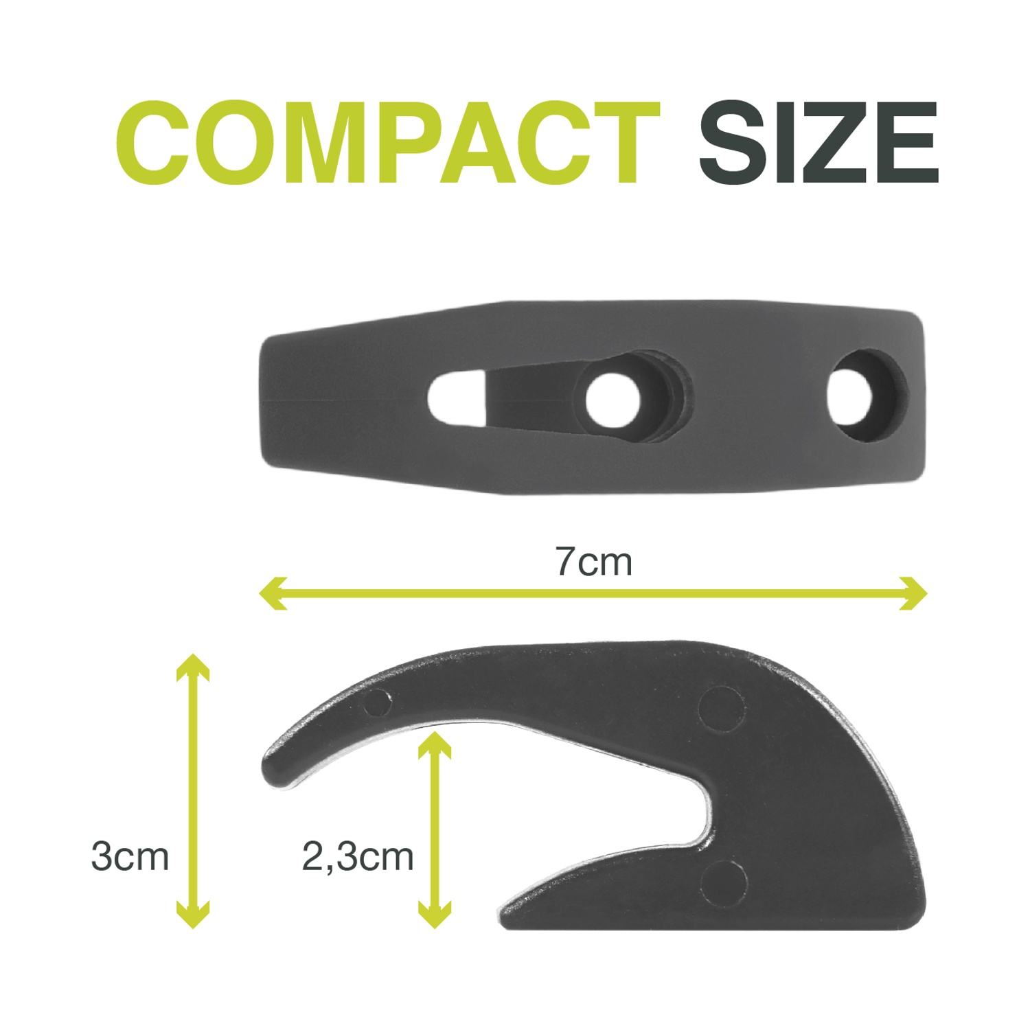 Due parti in plastica nera con dimensioni: lunghezza 7 cm, larghezza 3 cm e 2,3 cm.