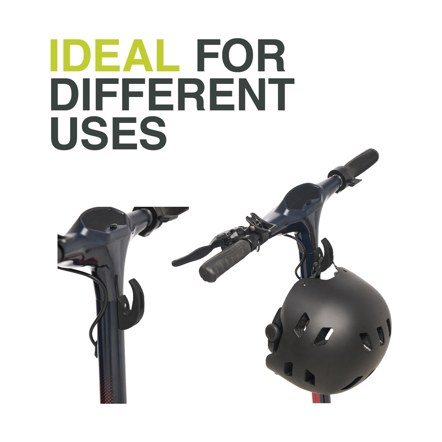 Un casco nero è appeso al manubrio di uno scooter accanto alla scritta IDEAL FOR DIFFERENT USES.
