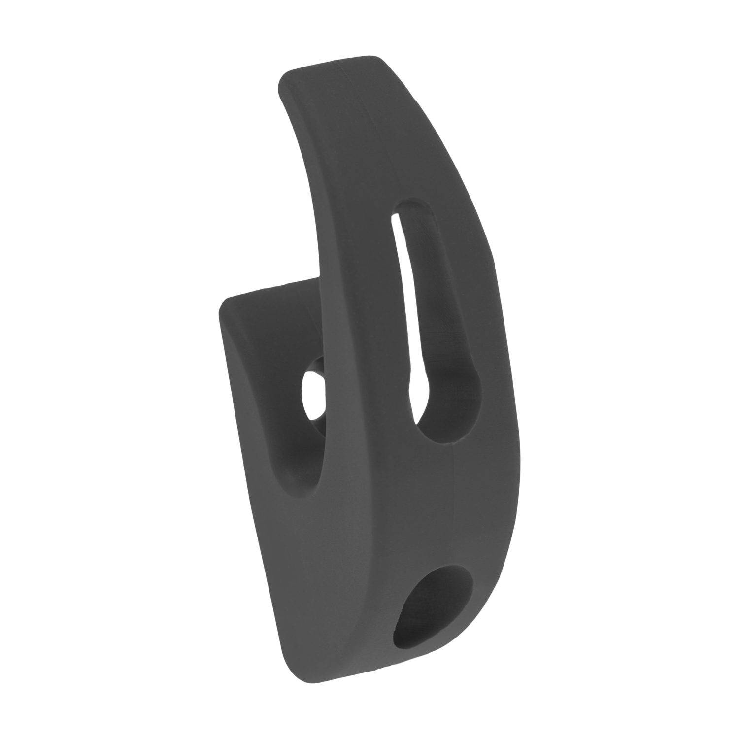 Un singolo pezzo di plastica nera con fessure e fori.