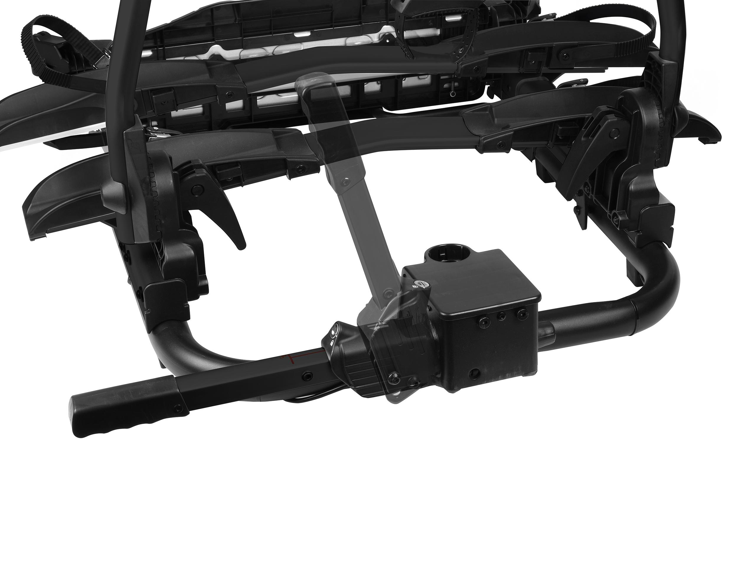 Schwarzer Fahrradträger mit Riemen und Halterungen, weißer Hintergrund.