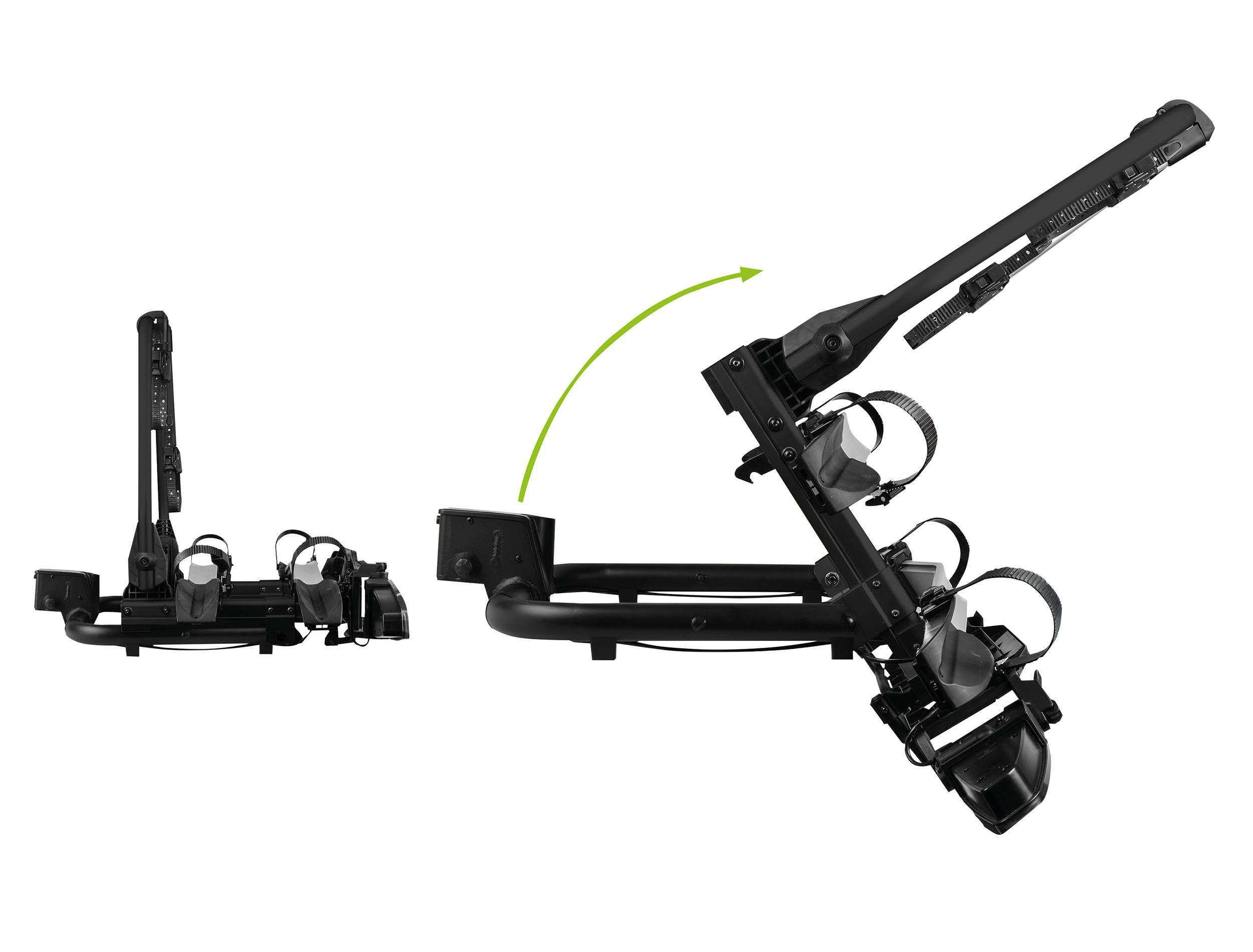 Schwarzer Fahrradträger mit einem Arm, der nach oben schwingt.