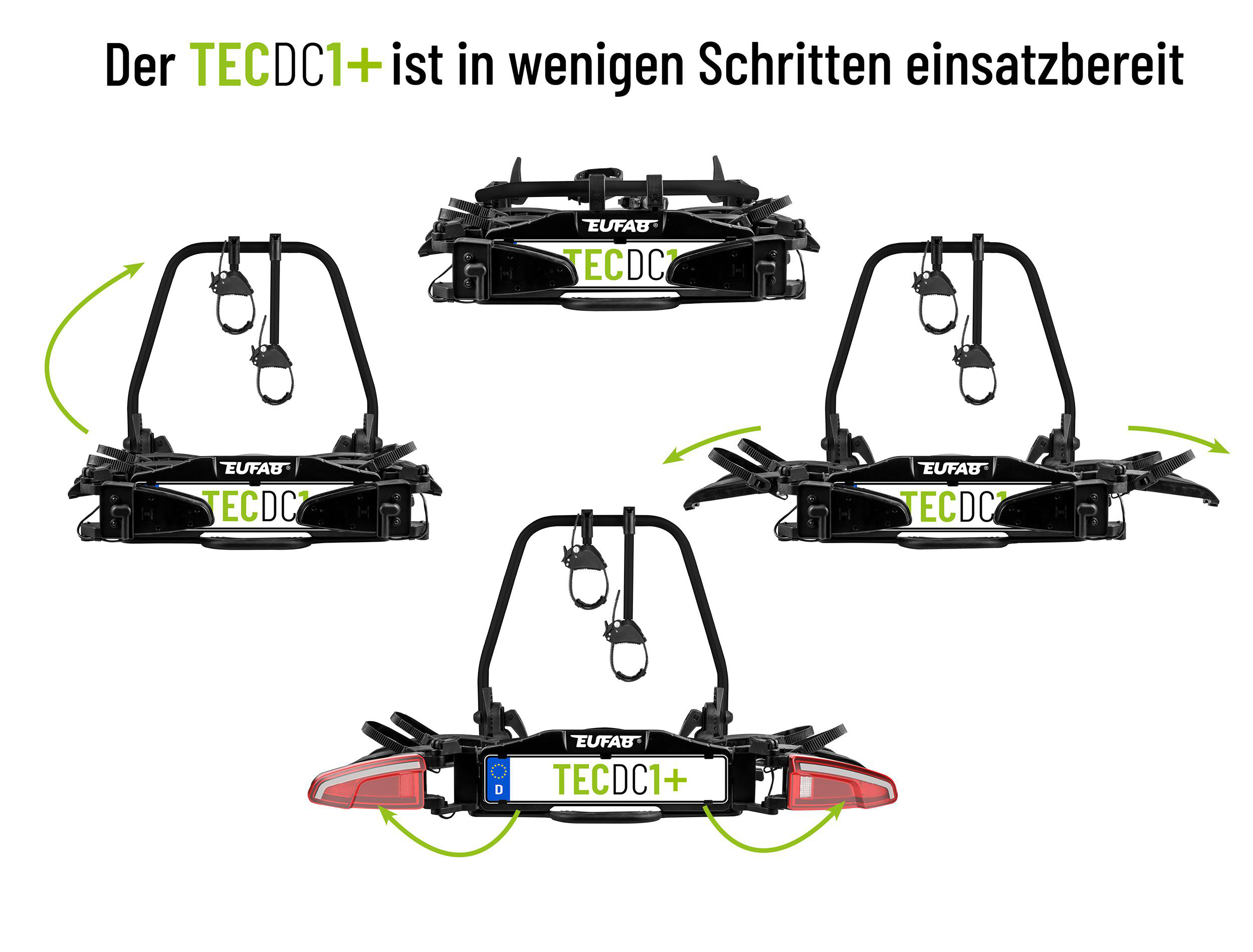 Vier Fahrradträger-Modelle mit dem Schriftzug TECDC1+ auf weißem Hintergrund.