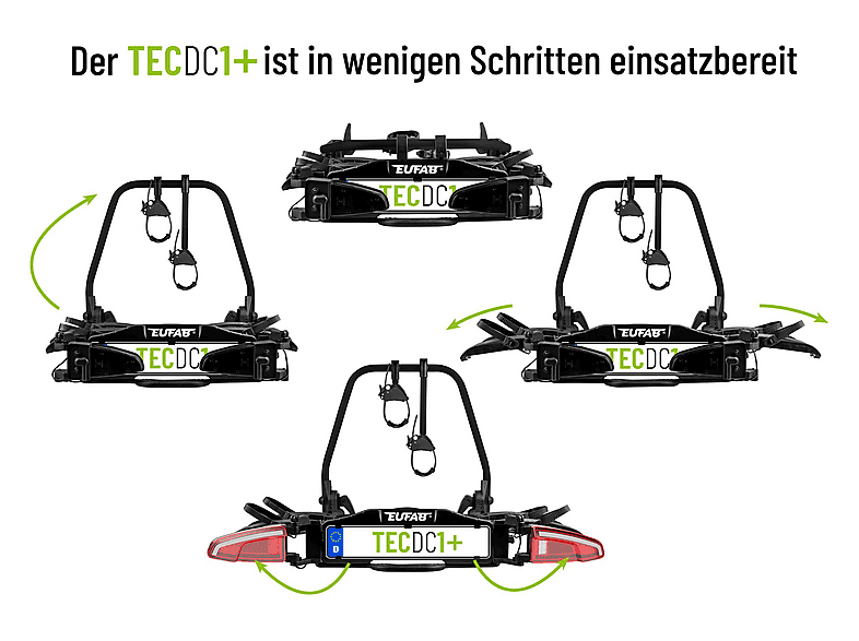 EUFAB TECDC1+ Fahrradträger komplett vormontiert für 2 Bikes, LED Rückleuchten, Schwarz)