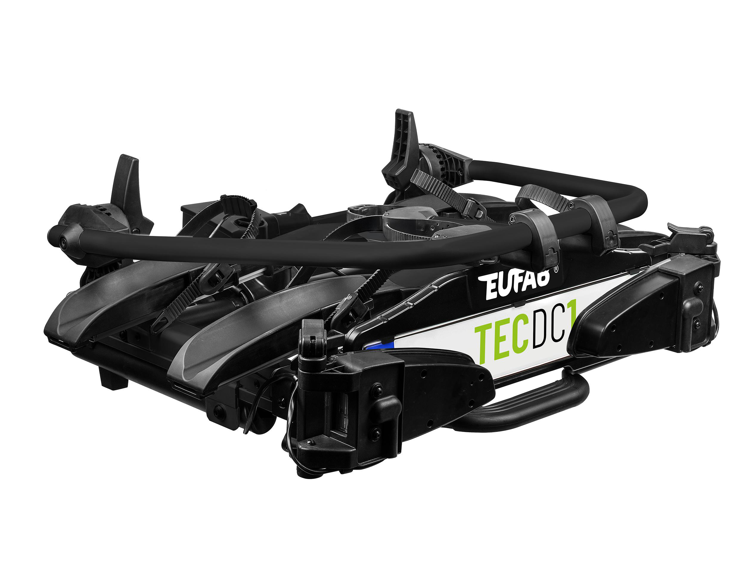 Schwarzer Fahrradträger mit der Aufschrift TECDC, auf weißem Hintergrund.