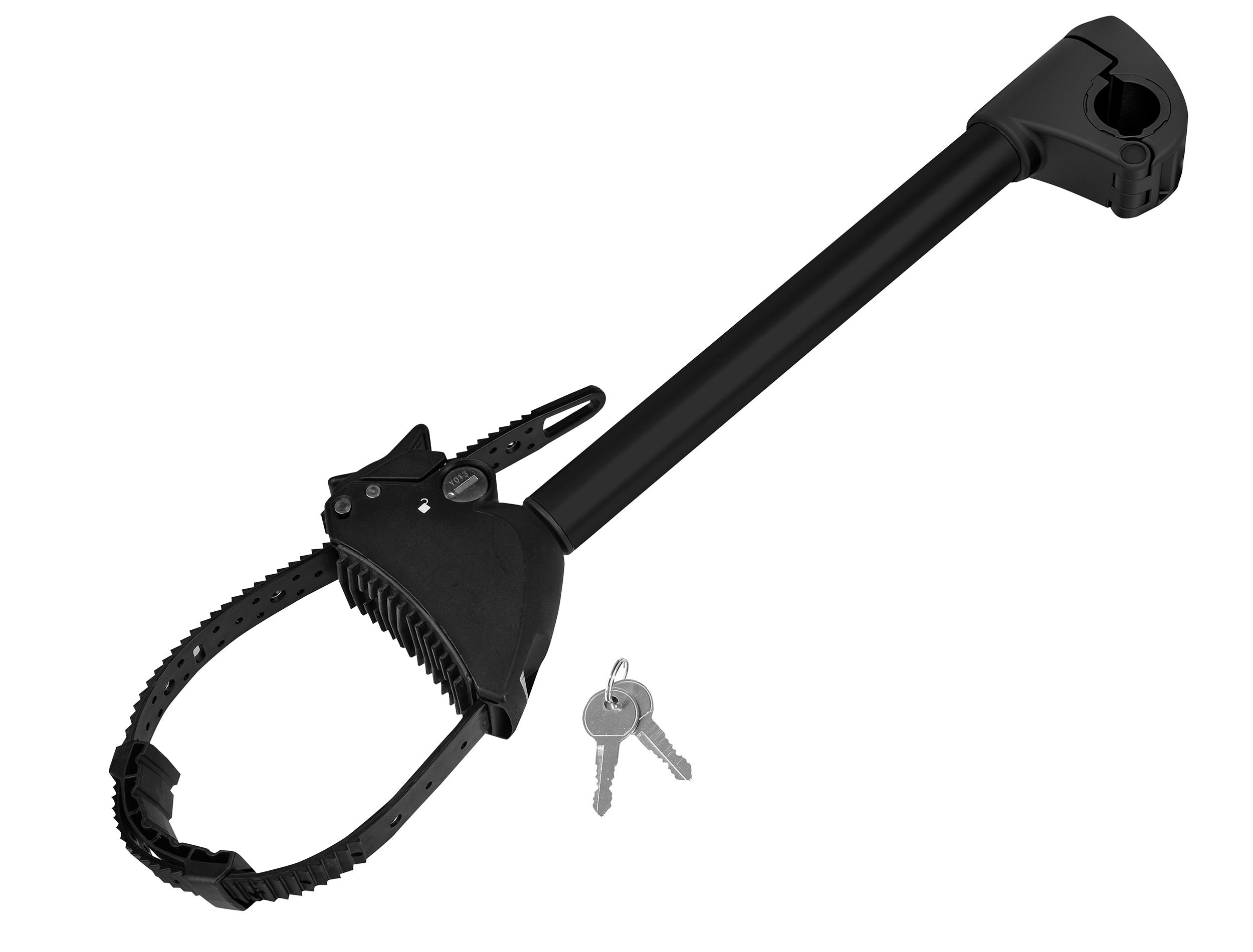 Schwarzer Fahrradhalter mit Schloss und zwei Schlüsseln.