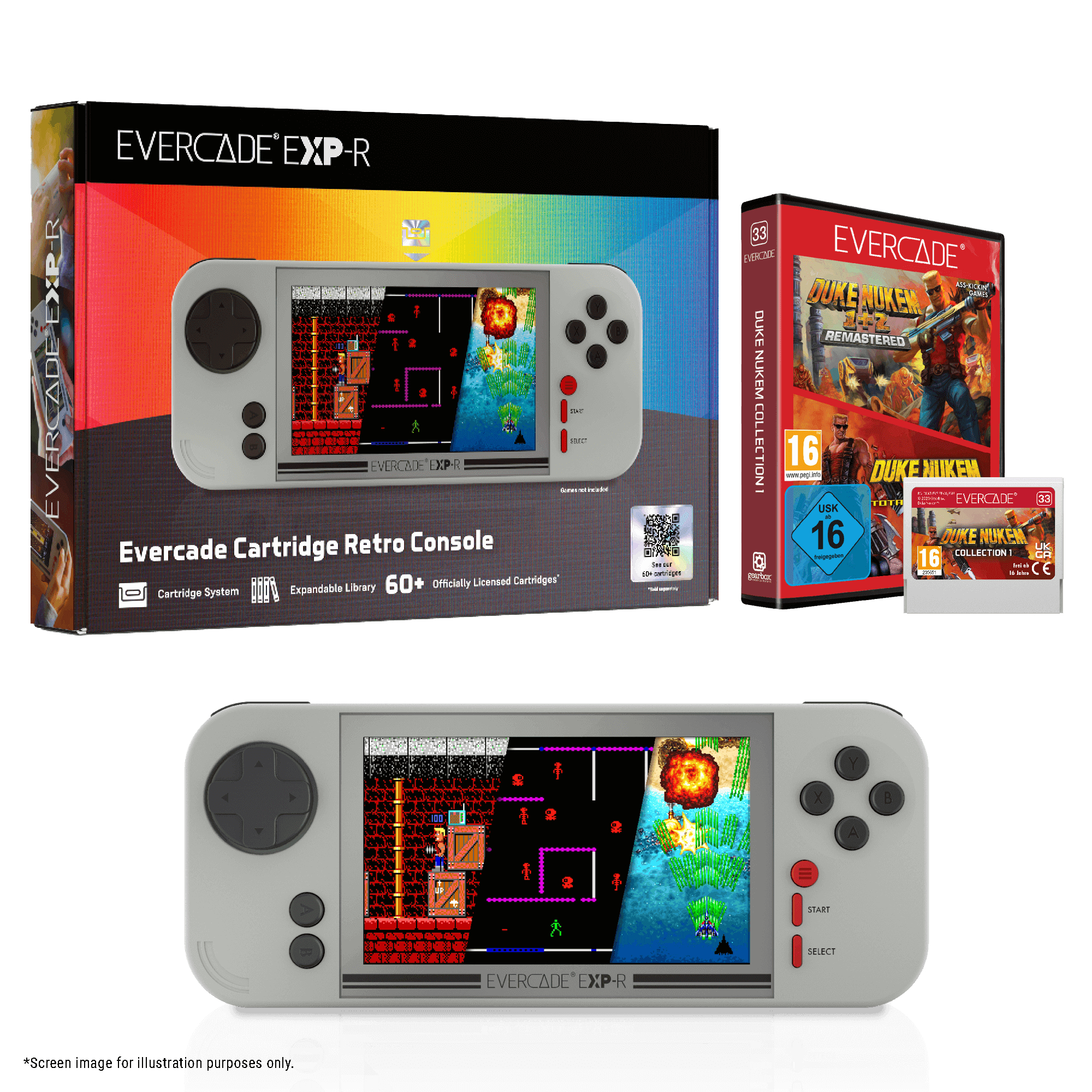 Evercade EXP-R Konsole mit Verpackung und Duke Nukem Cartridge.