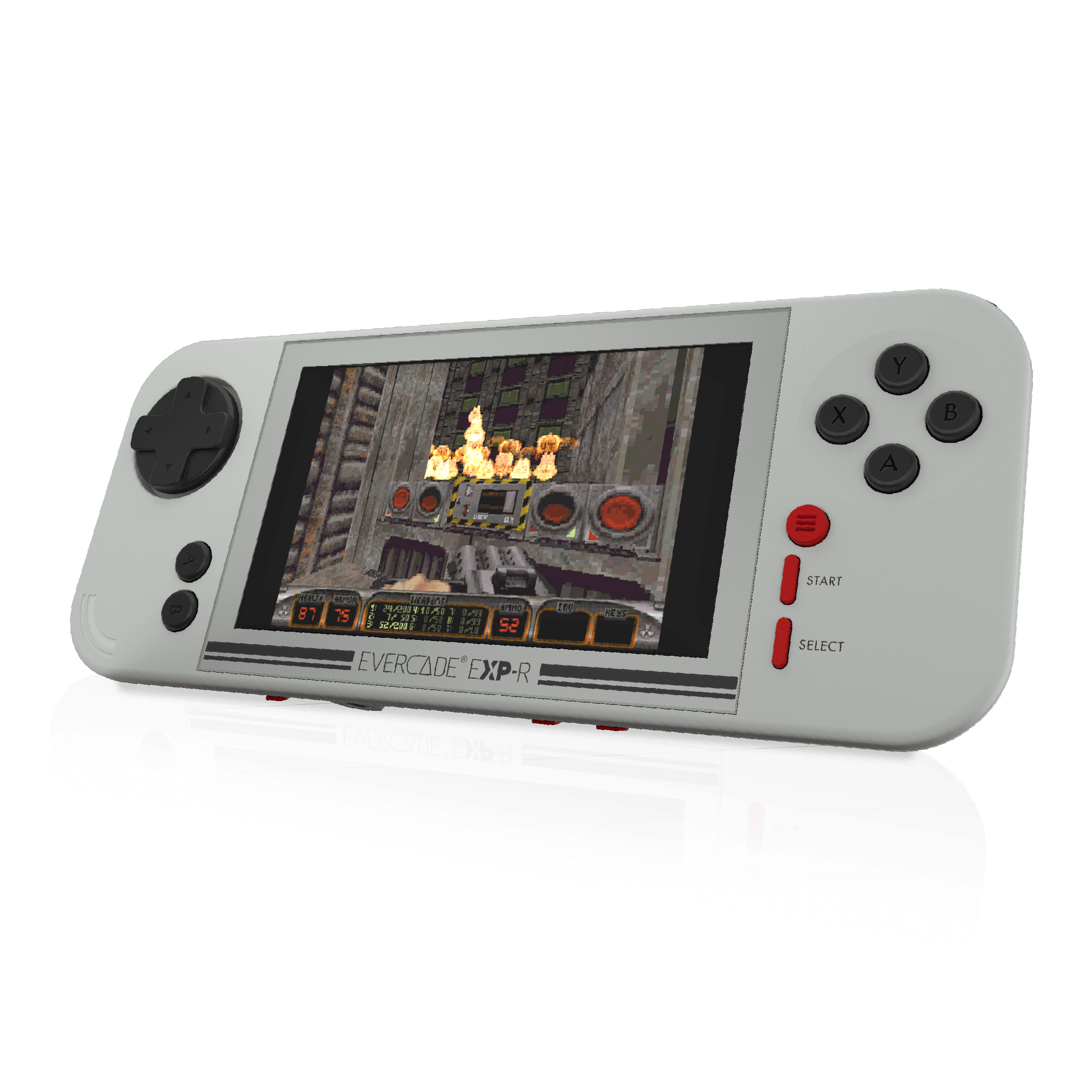 Ein graues Handheld-Spielgerät mit einem Bildschirm, der ein Videospiel zeigt.