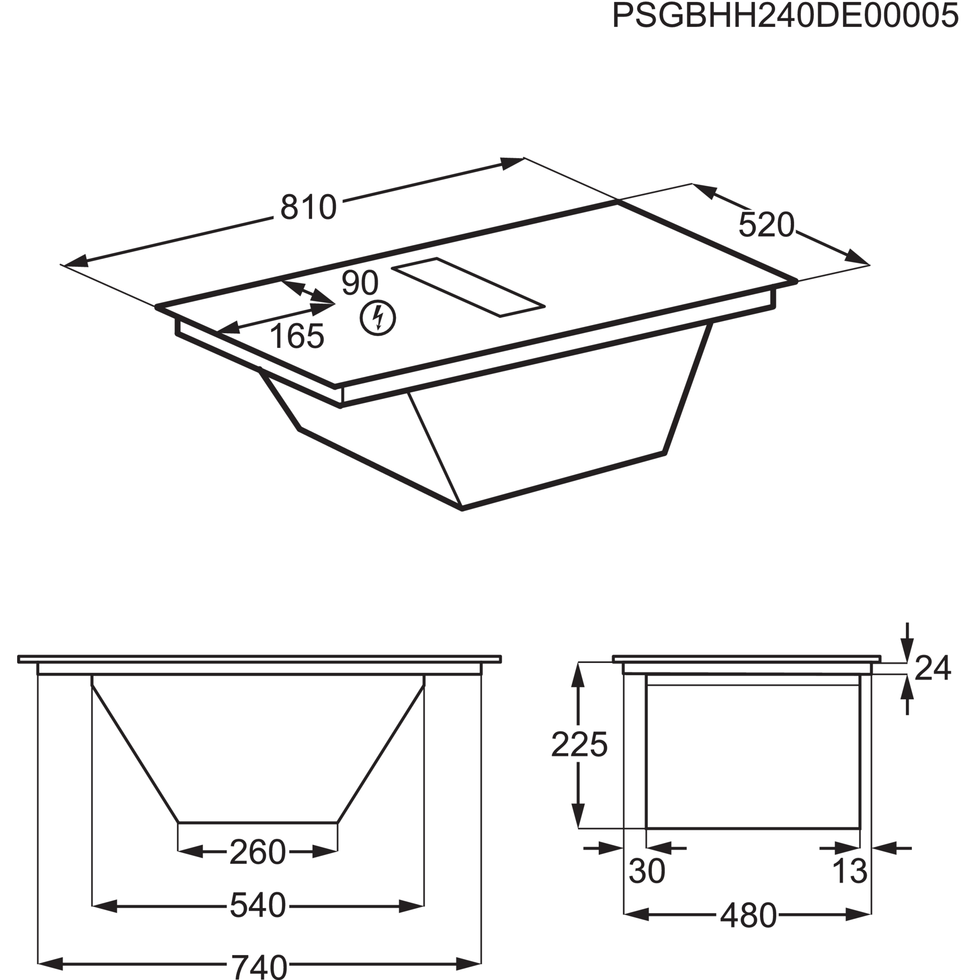 Technische Zeichnung eines Kochfelds mit Maßen: 810x520x165mm, 24mm Dicke.