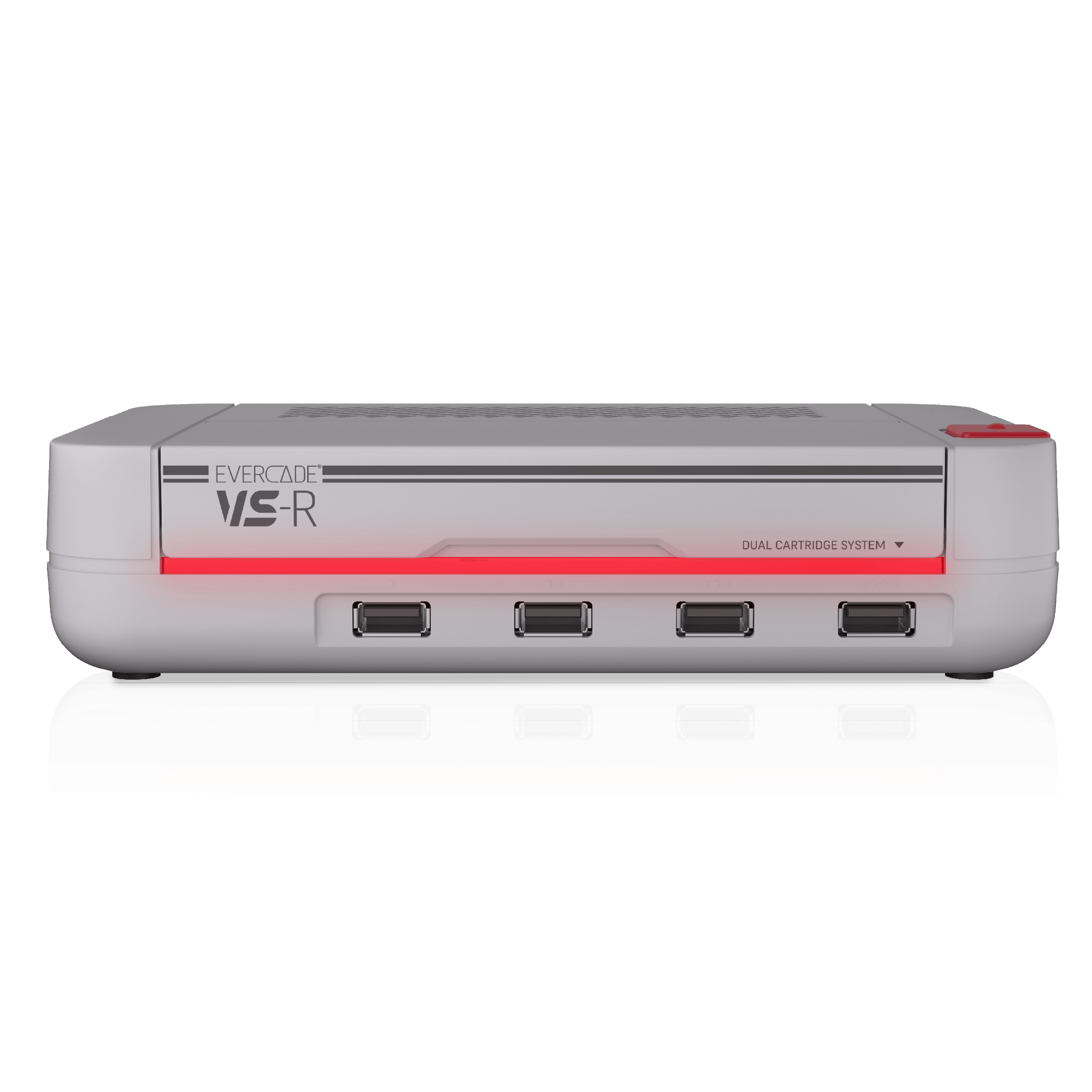 Graue Spielekonsole mit roten Lämpchen und vier USB-Anschlüssen.