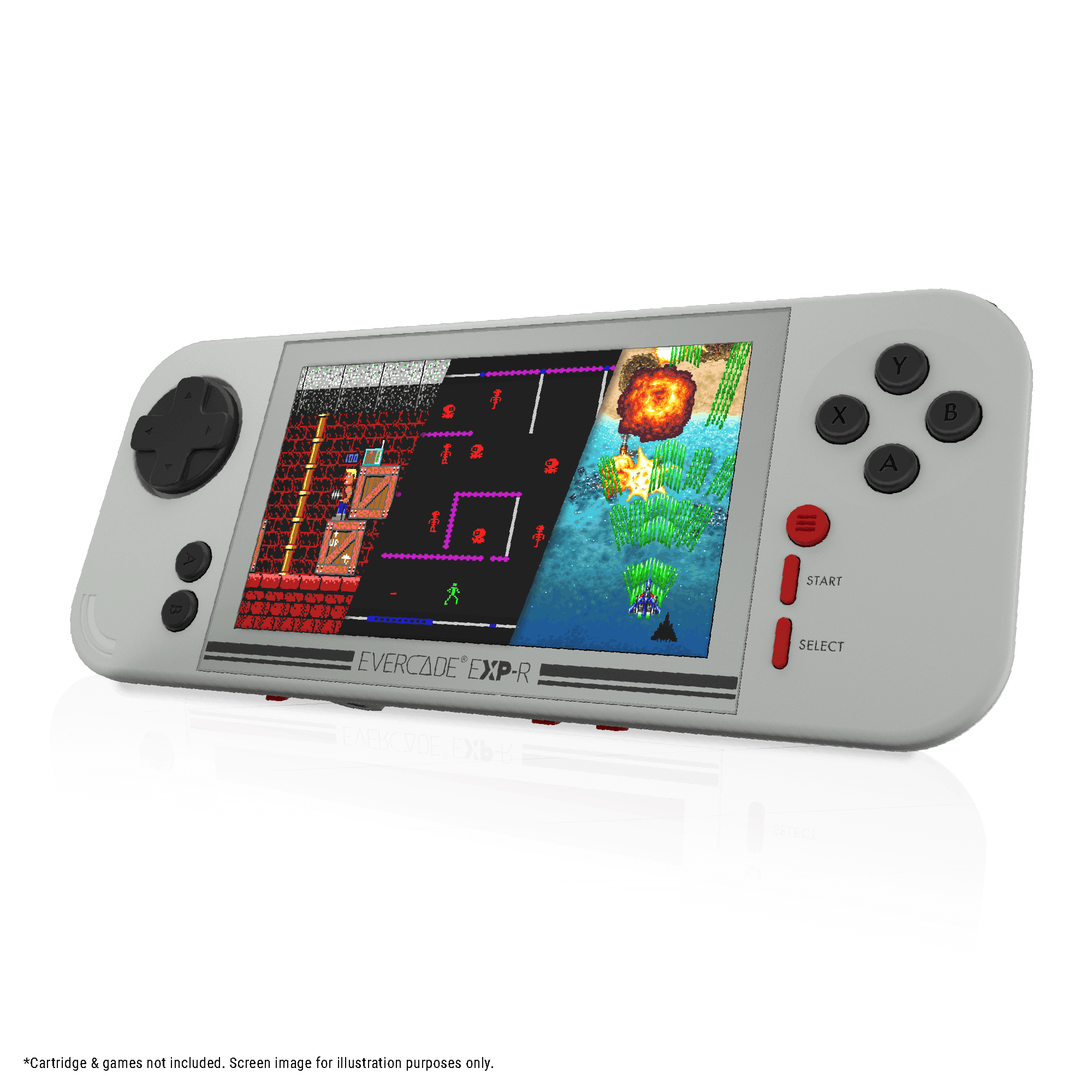 Ein graues Handheld-Gerät mit zwei Spielen auf dem Bildschirm und Steuerkreuz.
