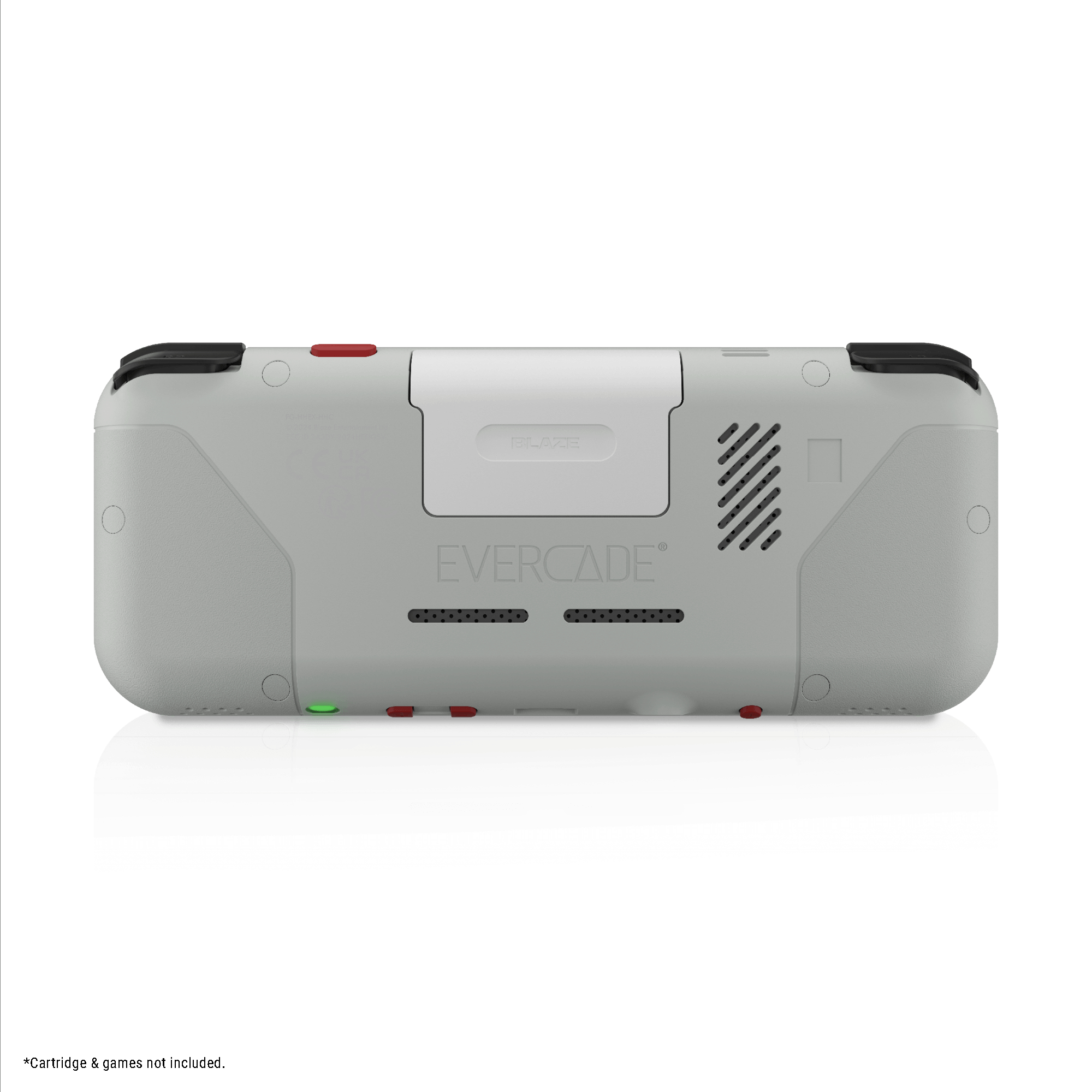 Graues Handheld-Gerät mit weißen und schwarzen Akzenten, Ladeanschluss und Lautsprecheröffnungen.