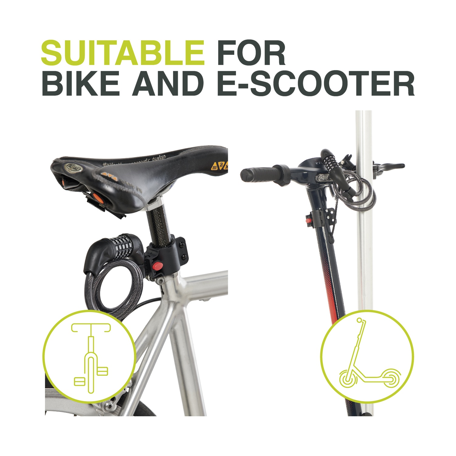 Un lucchetto per bici su una bici e un e-scooter. Adatto a entrambi.